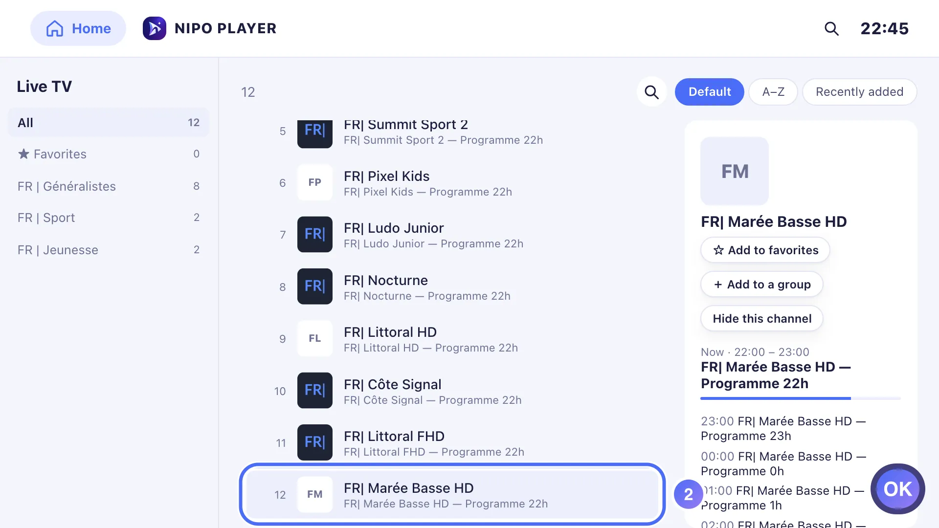 Live channel list, a channel selected