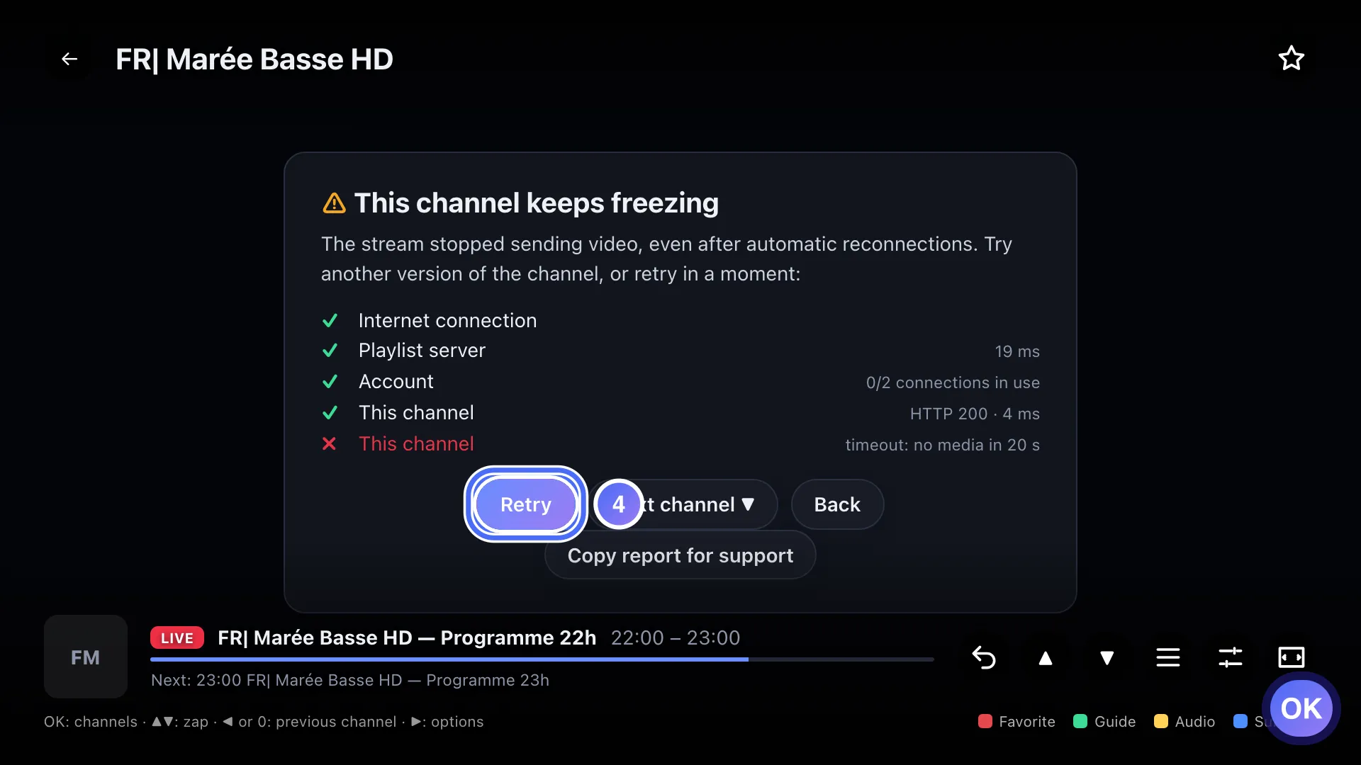 Diagnosis panel, Retry button selected