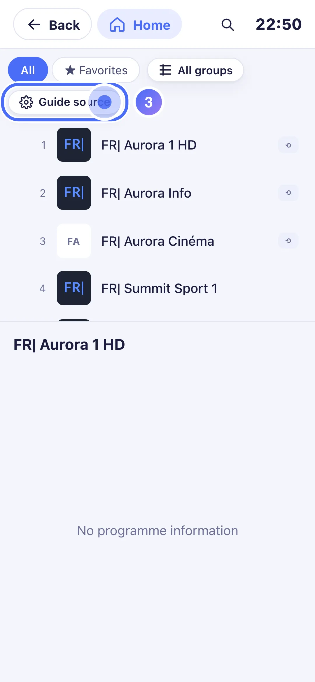 TV Guide on phone, Guide source button