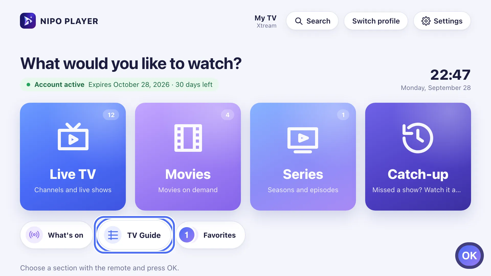 Nipo Player Home with the TV Guide shortcut selected