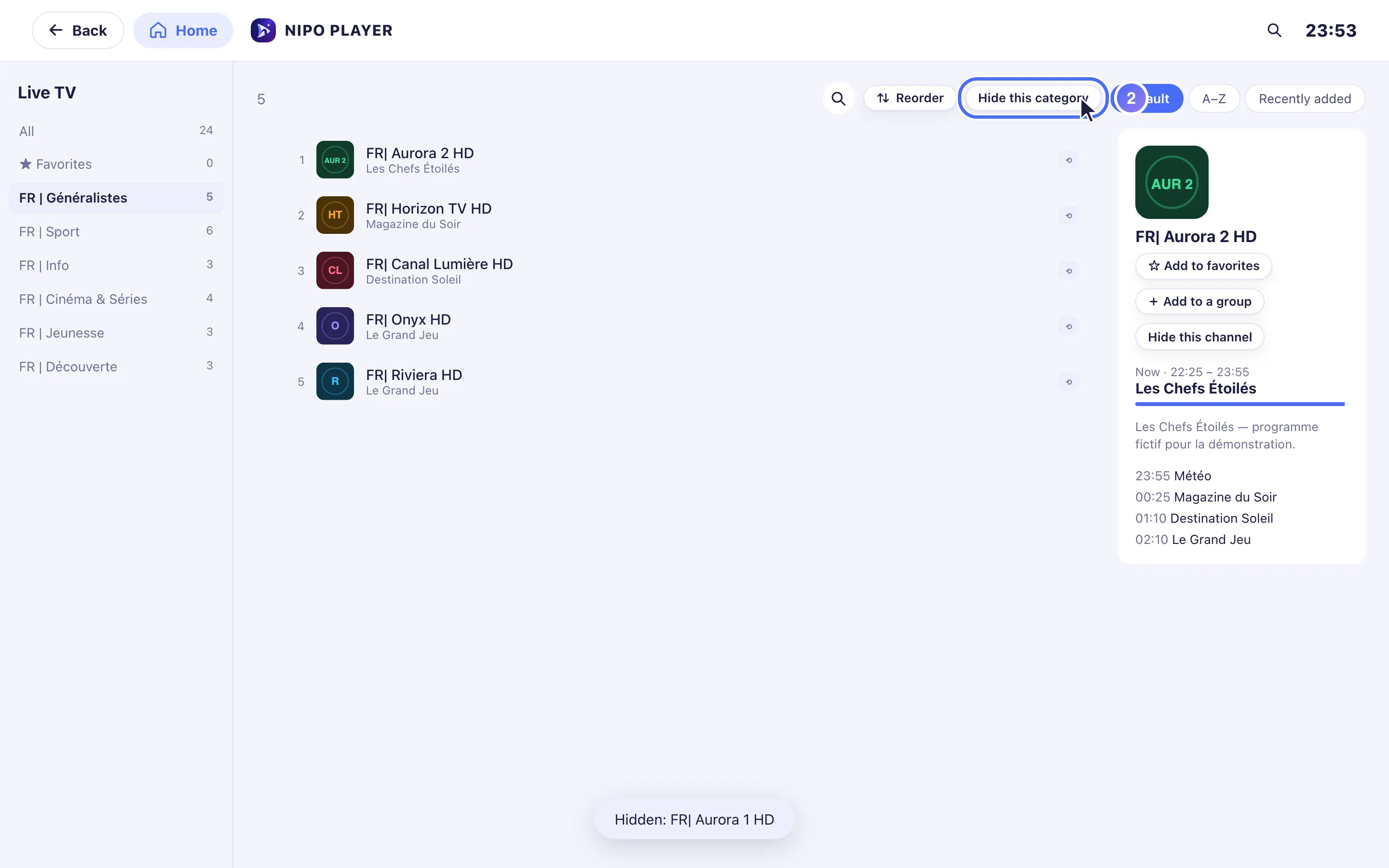 A category’s channel list, the Hide this category button