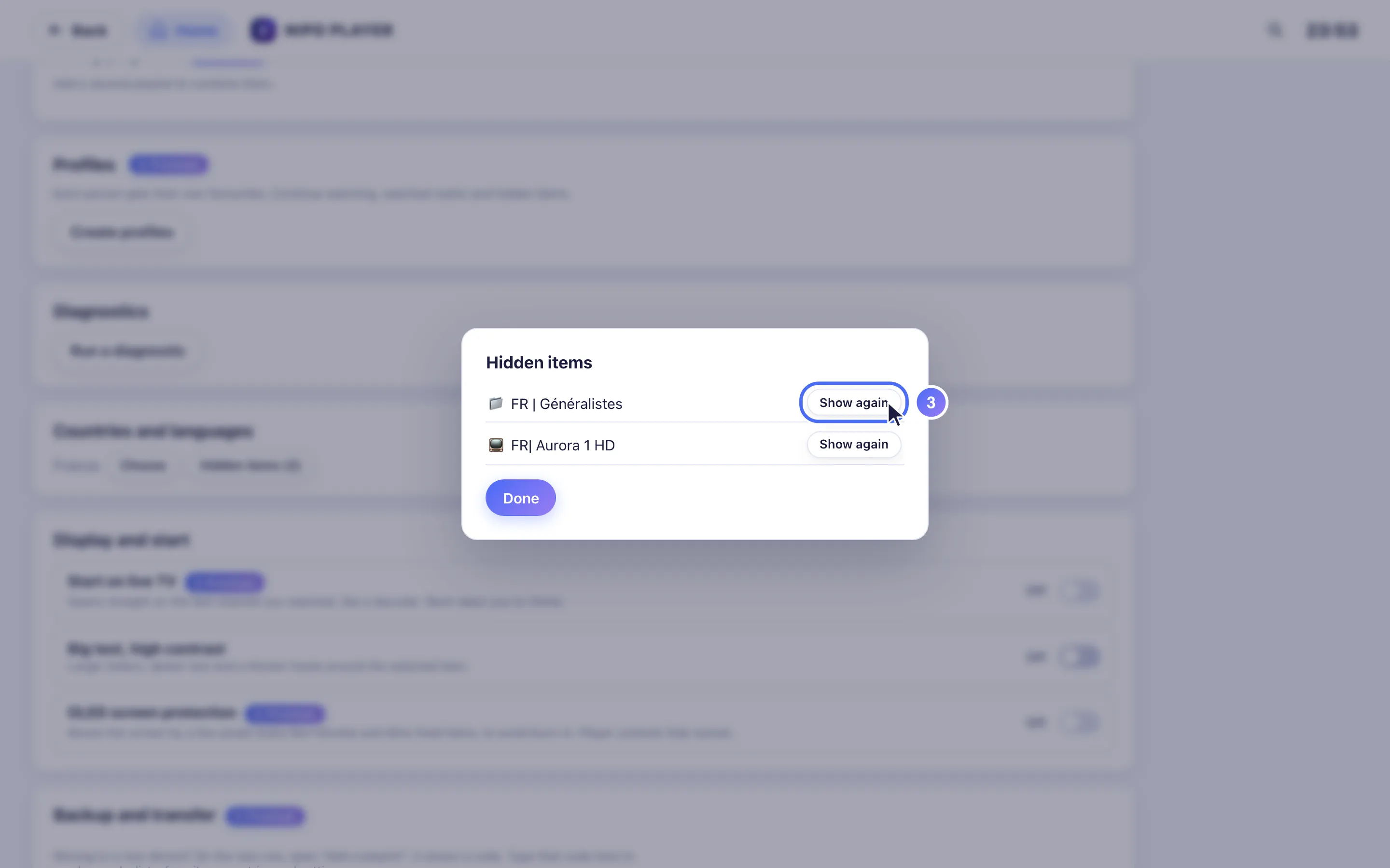 Settings, the Hidden items screen