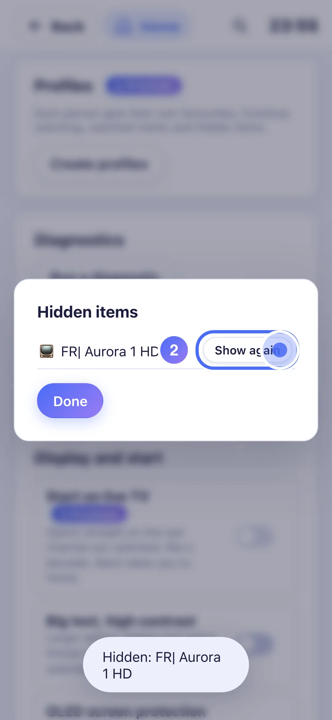 Settings, the Hidden items screen