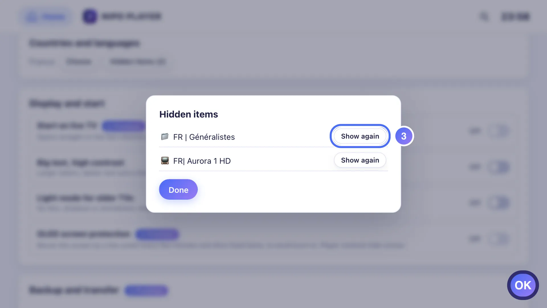Settings, the Hidden items screen