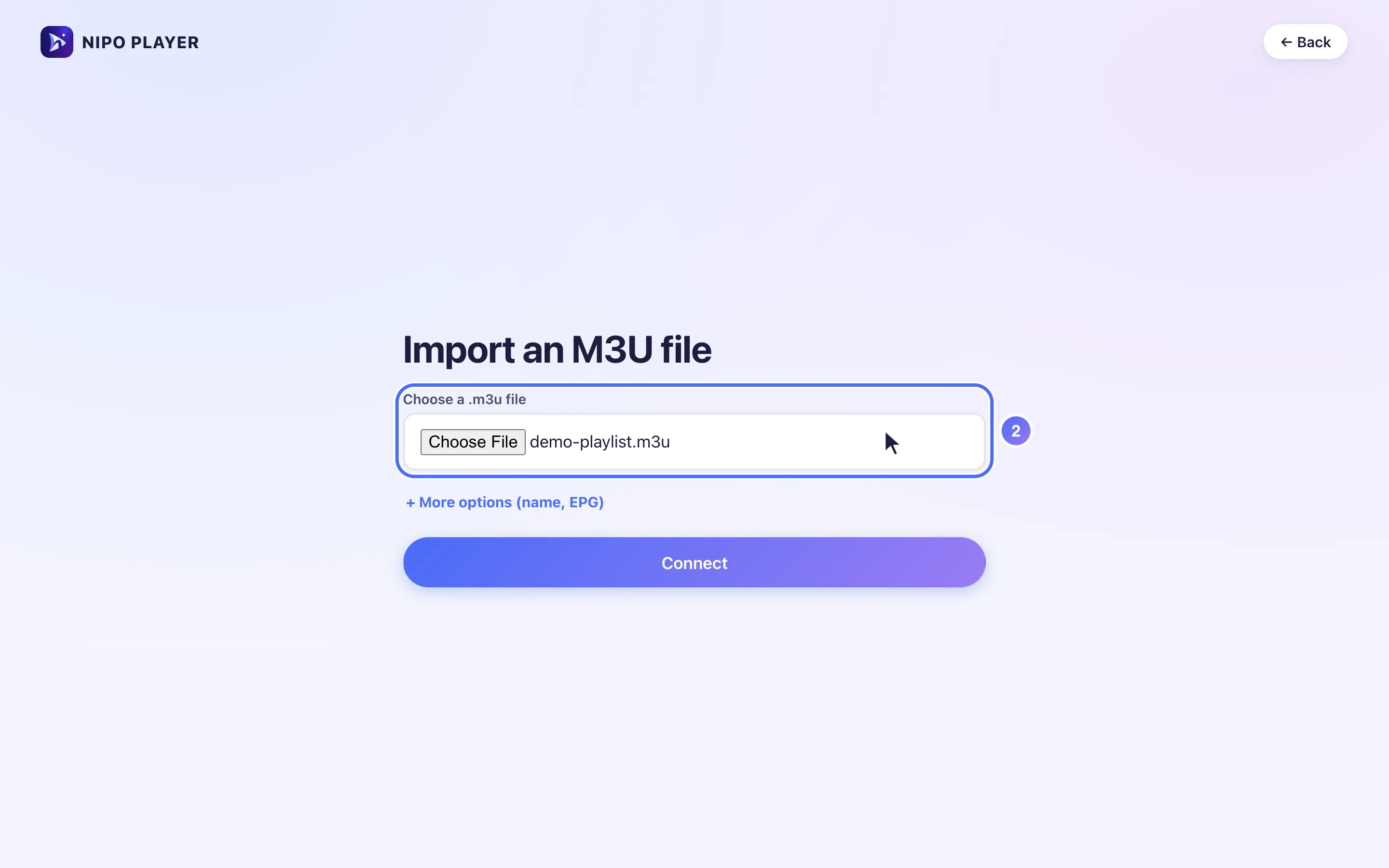 The file picker with a .m3u file chosen