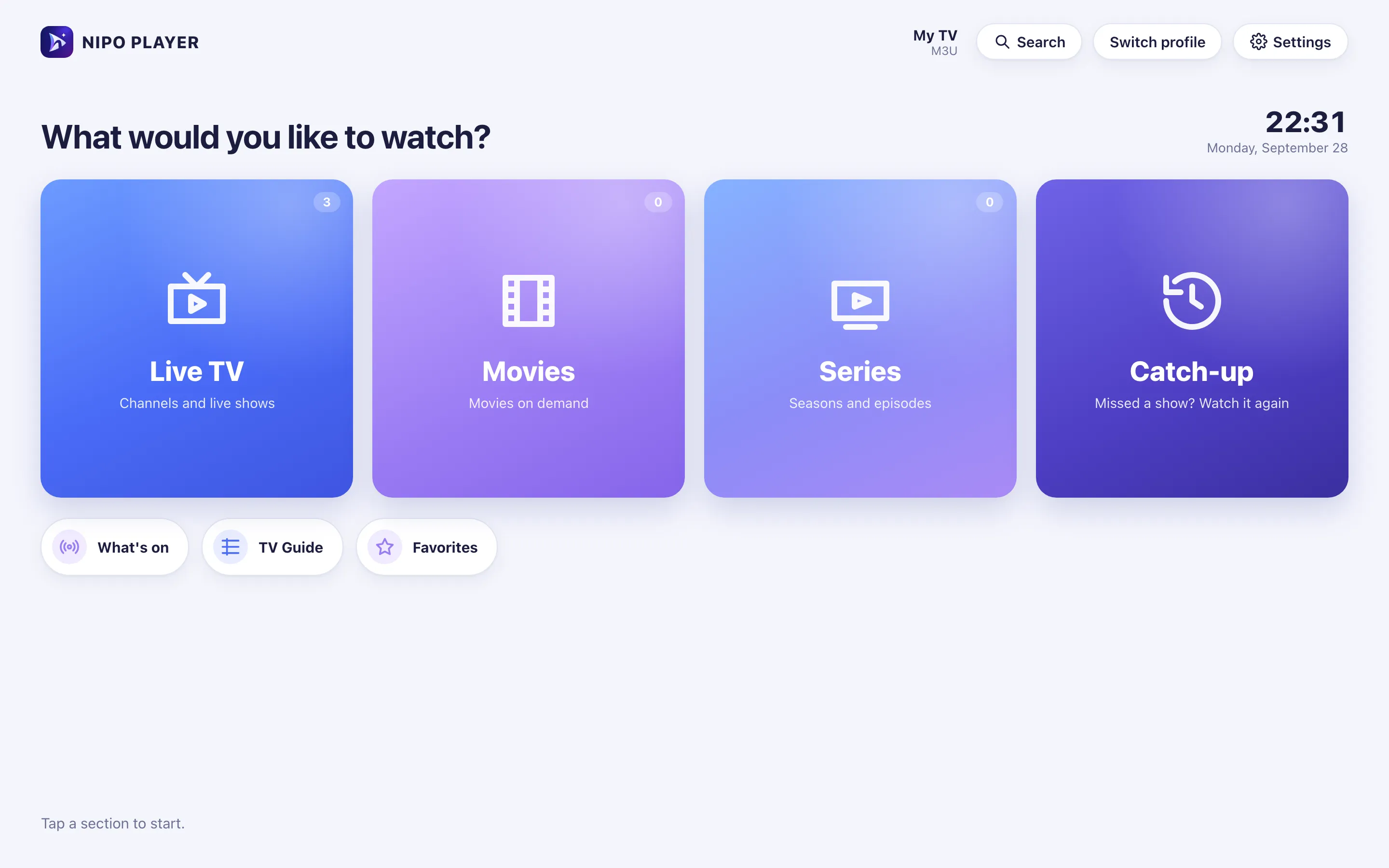Nipo Player’s Home screen after connecting