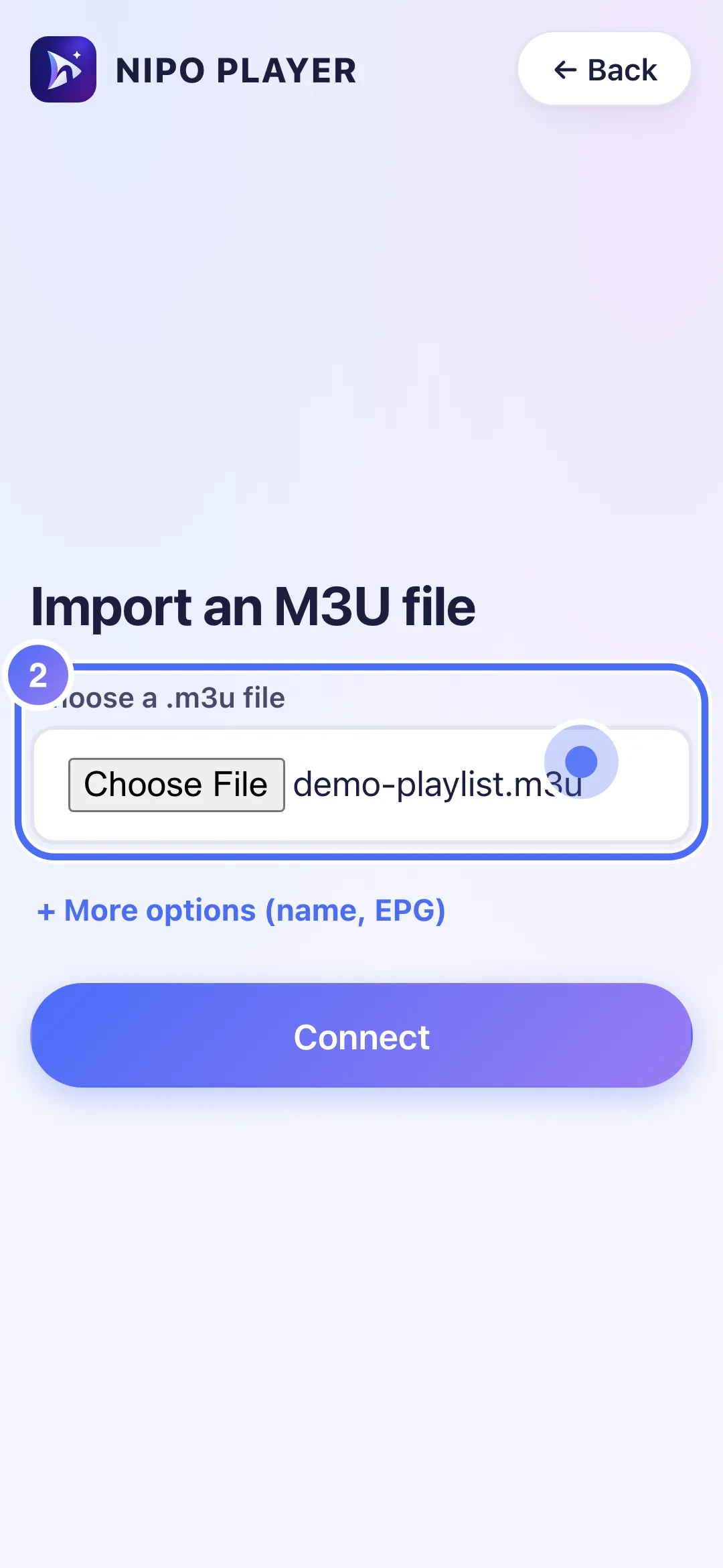The file picker with a .m3u file chosen