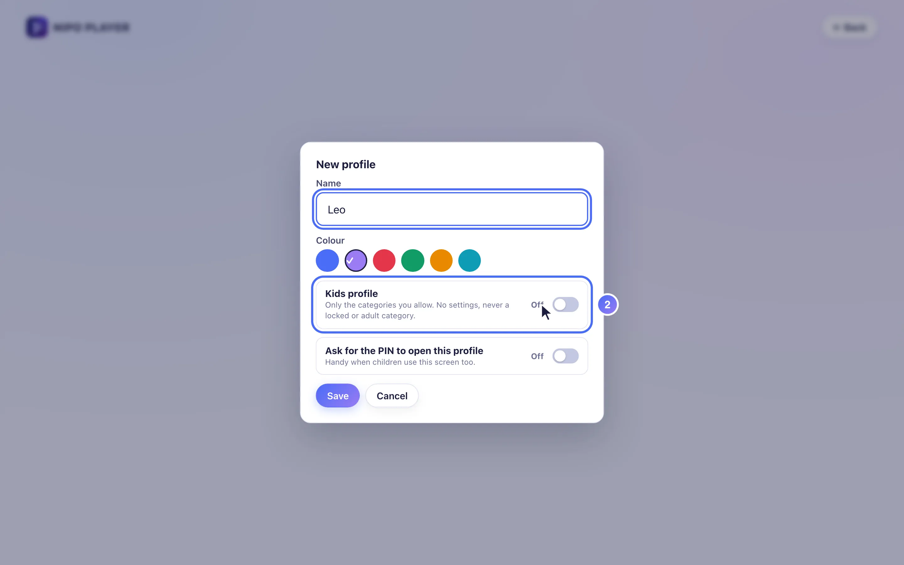 Profile form, the Kids profile setting