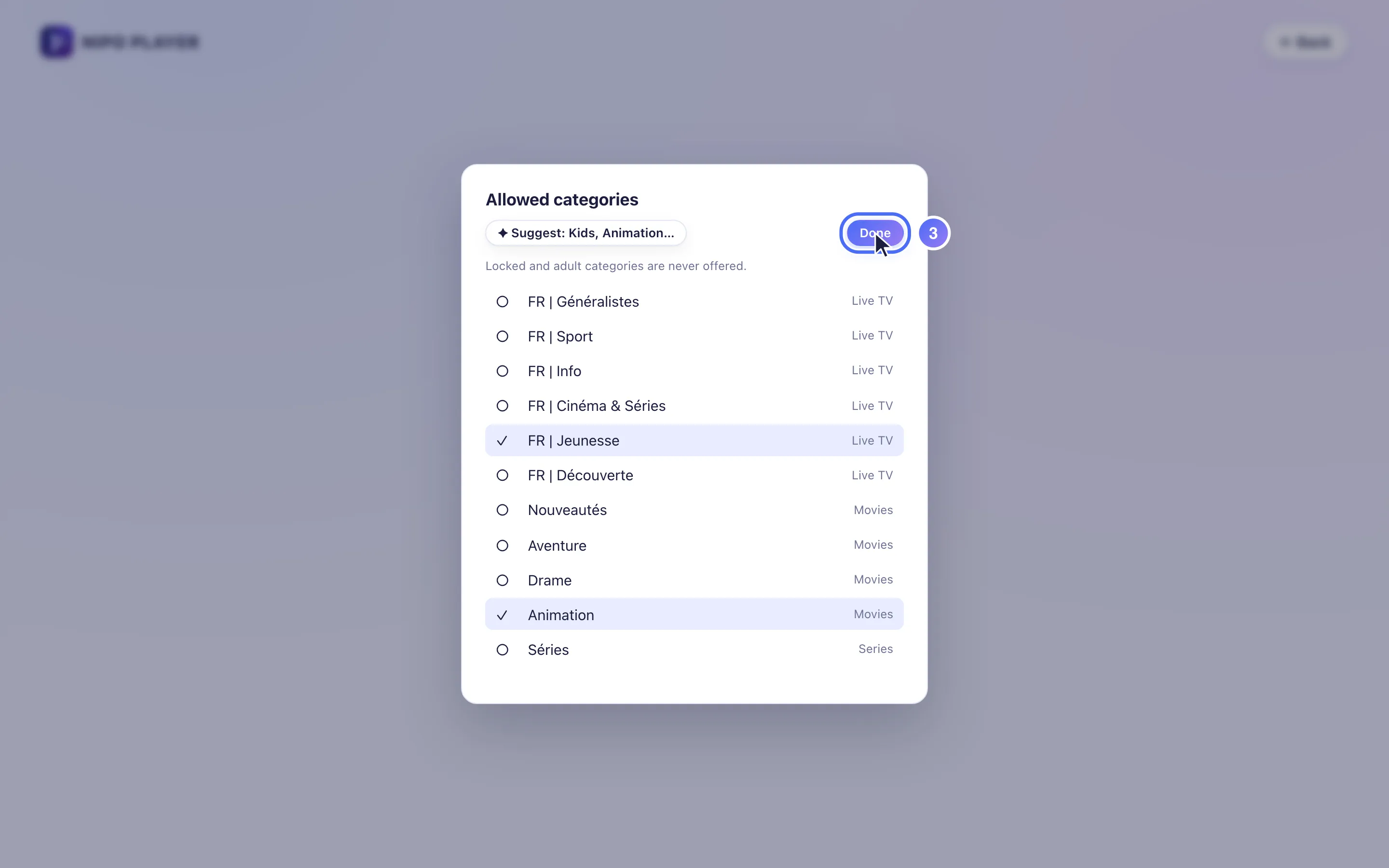 Allowed categories for the kids profile