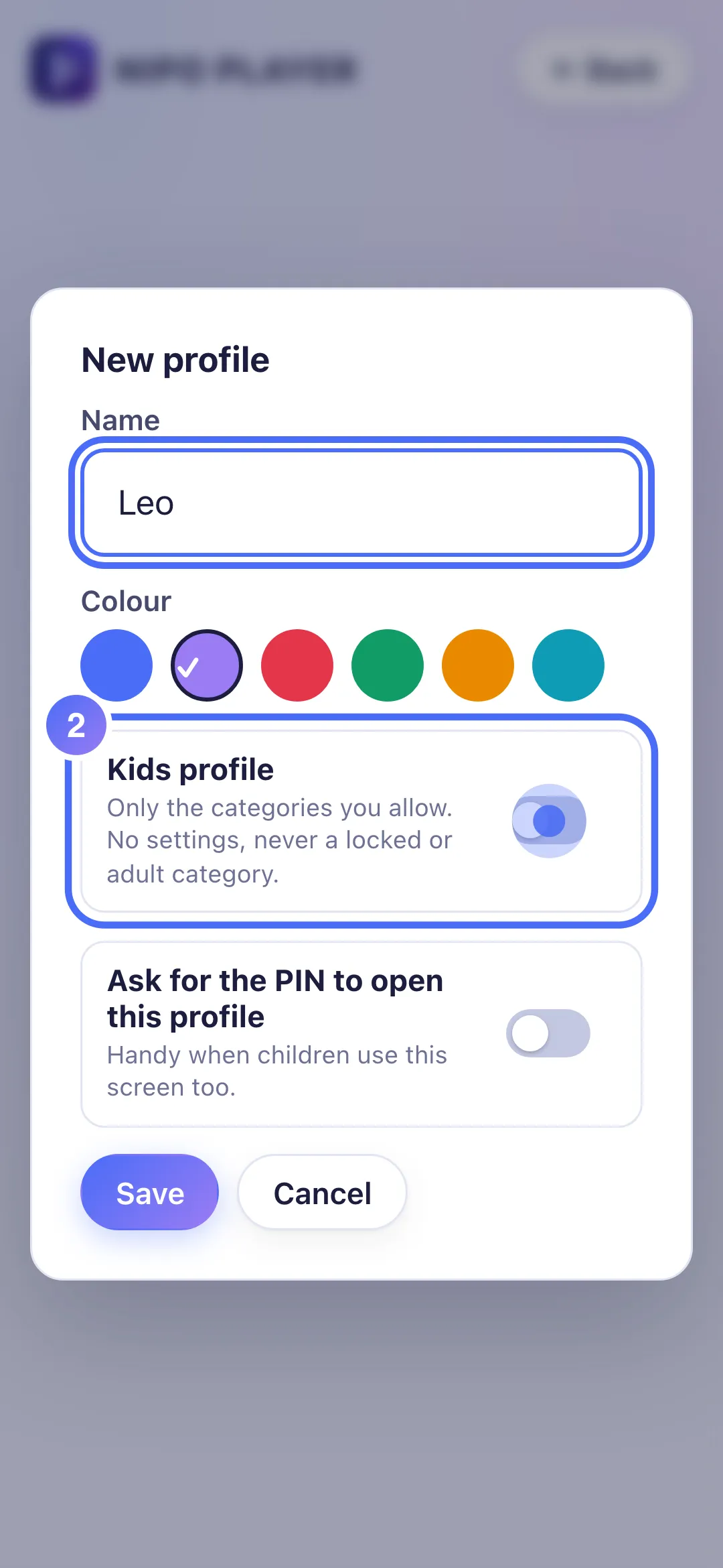 Profile form, the Kids profile setting