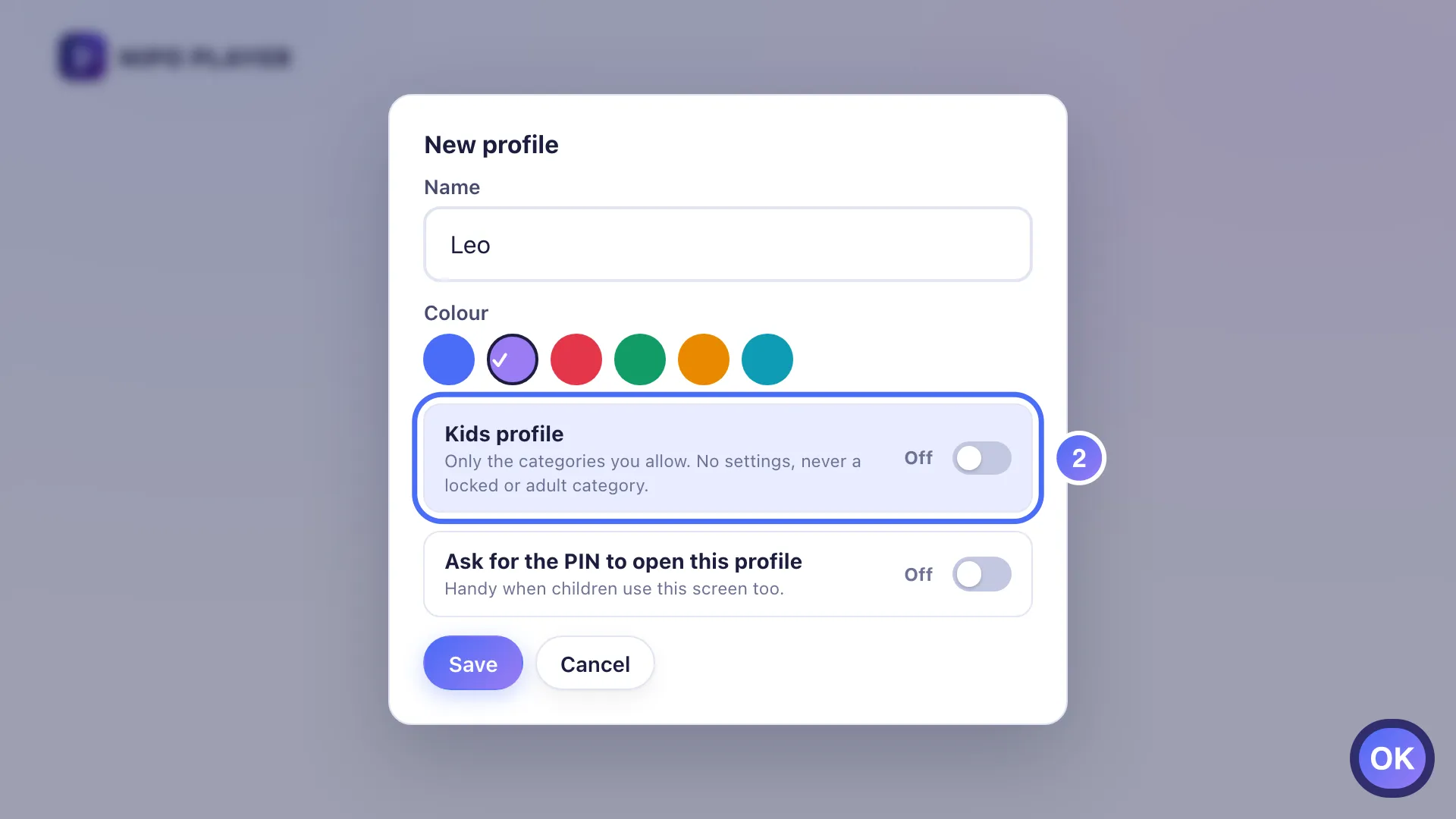 Profile form, the Kids profile setting is selected