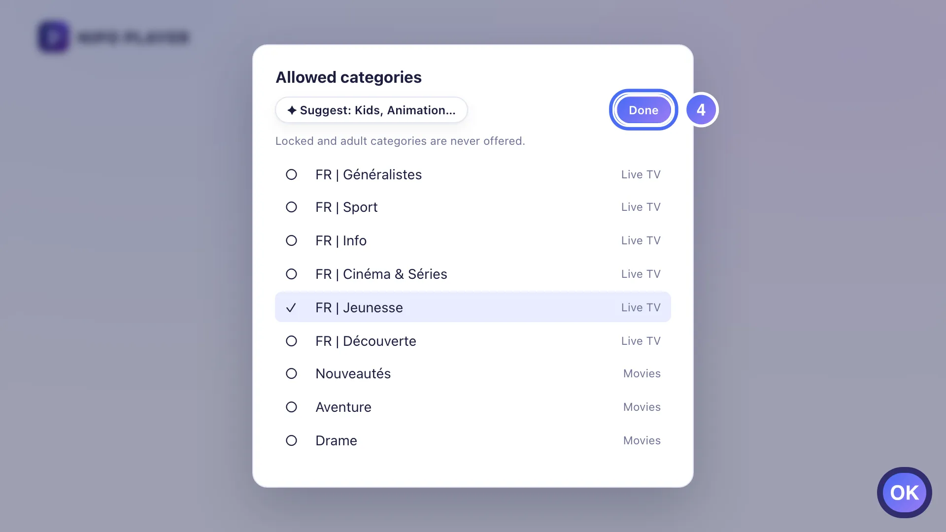 Allowed categories for the kids profile