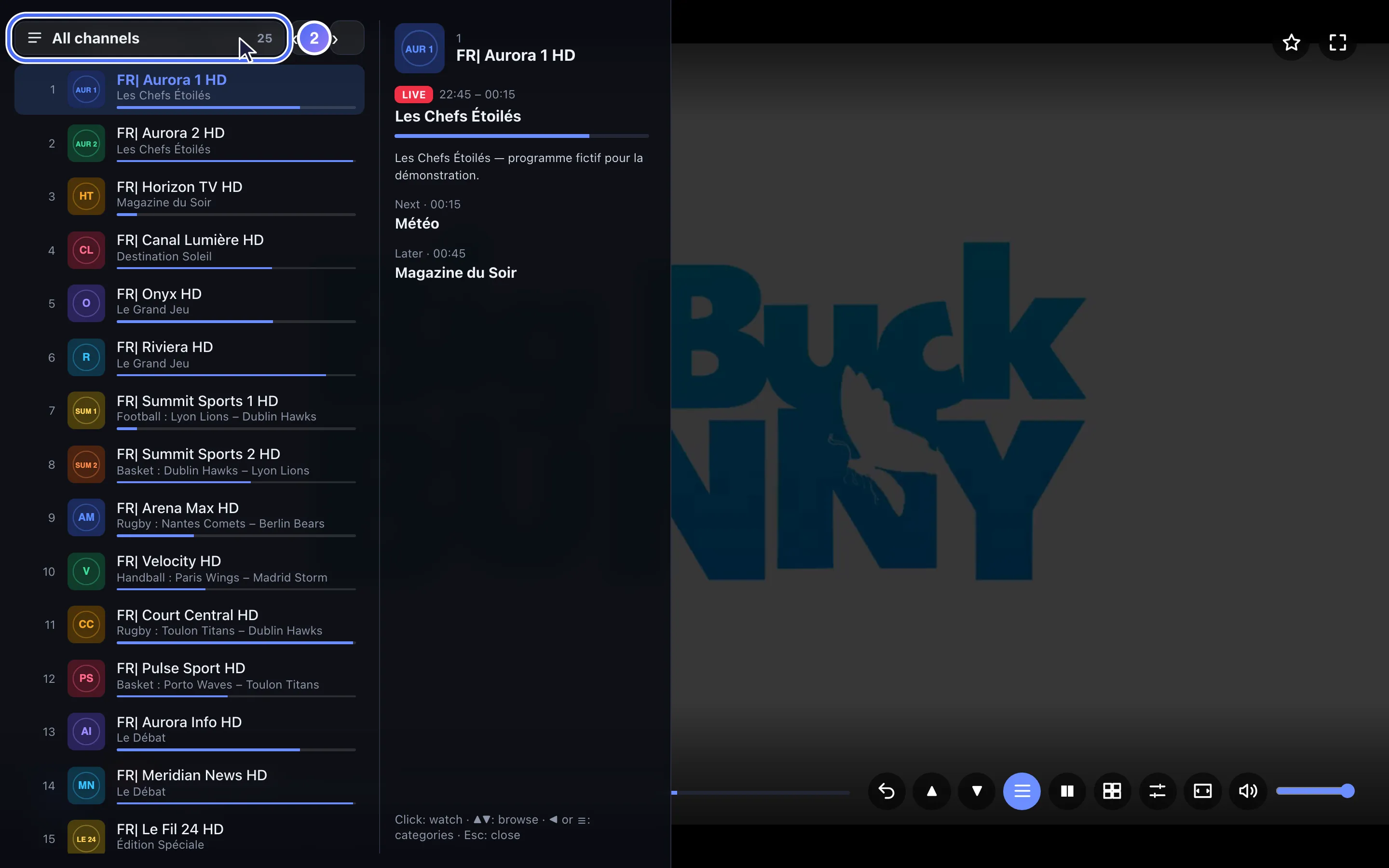 Mini-guide open over the player, the channel list