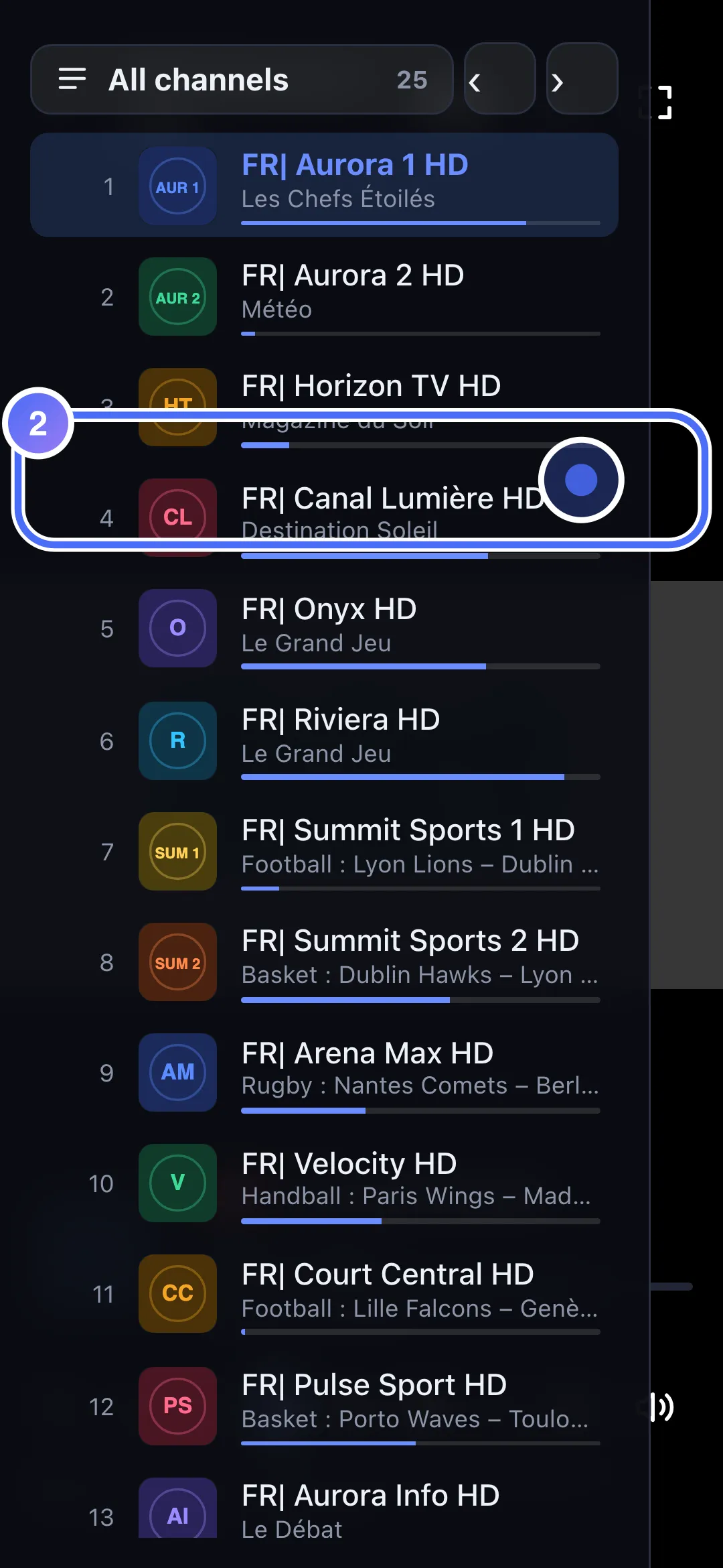 Mini-guide open over the player, the channel list
