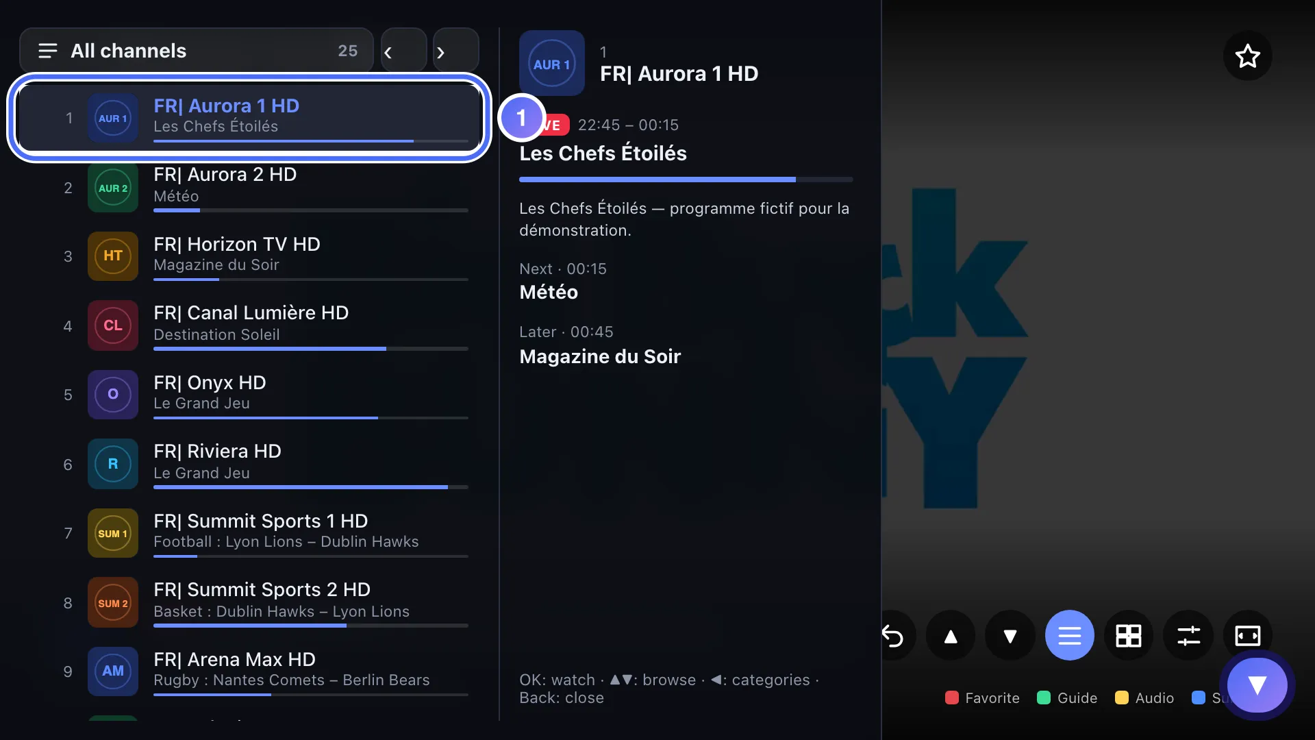 Mini-guide open over the player, the channel list
