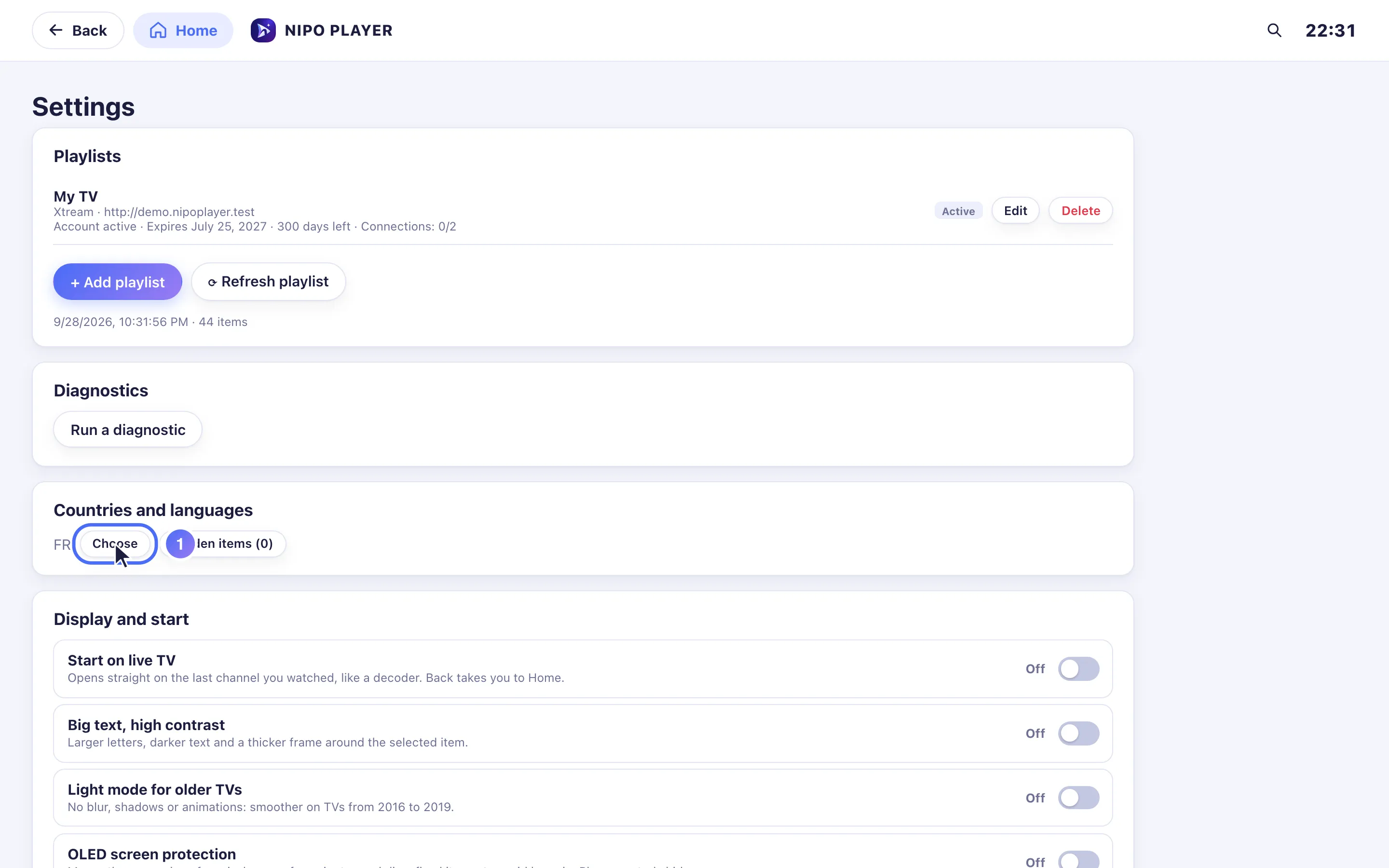 Settings, Countries and languages group