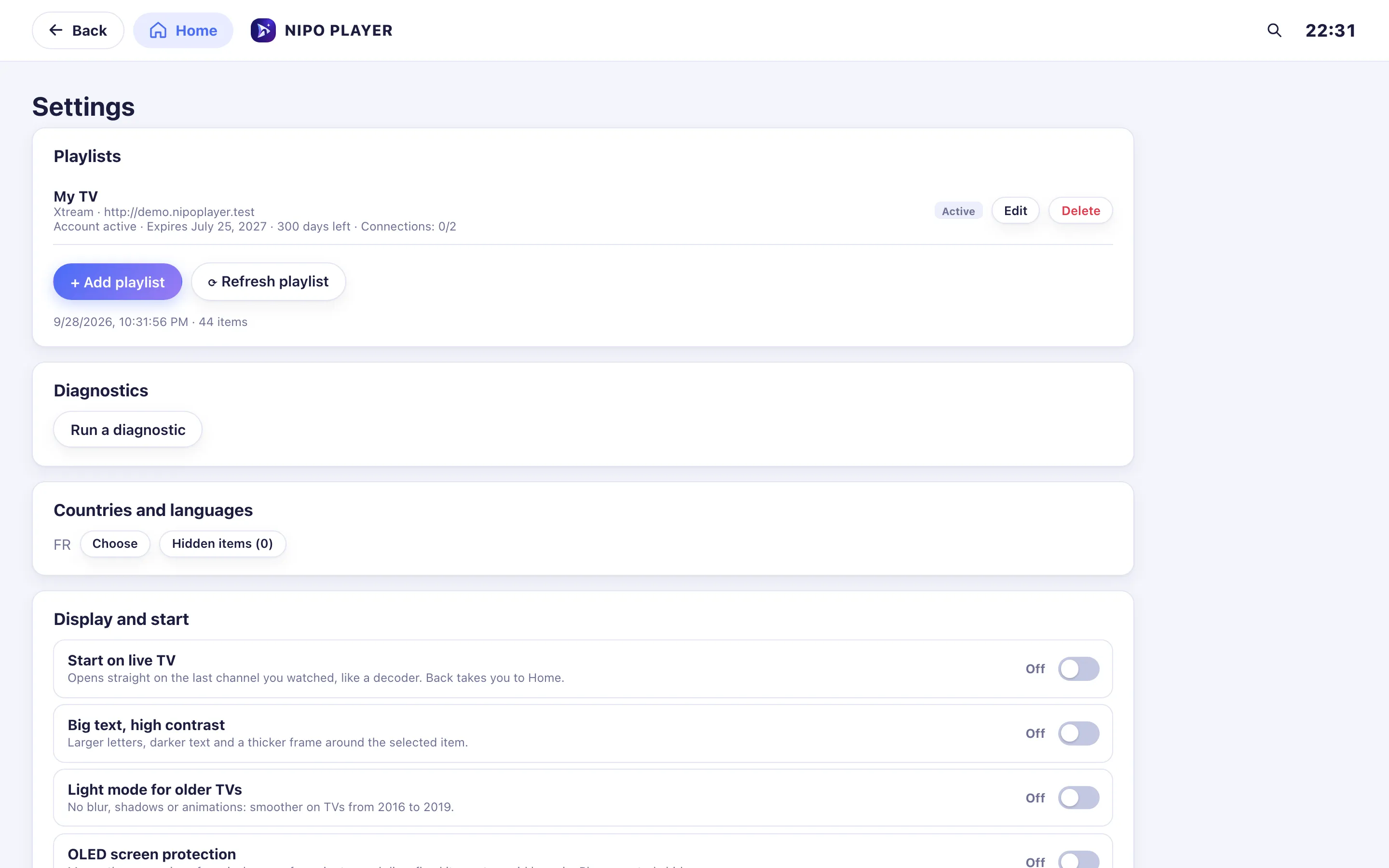 Settings after choosing the countries