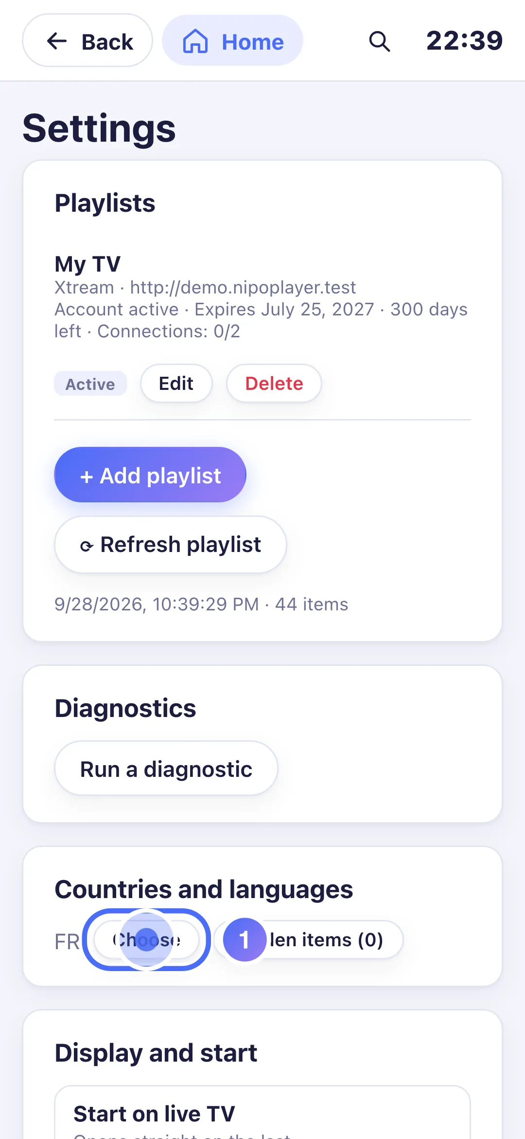 Settings, Countries and languages group