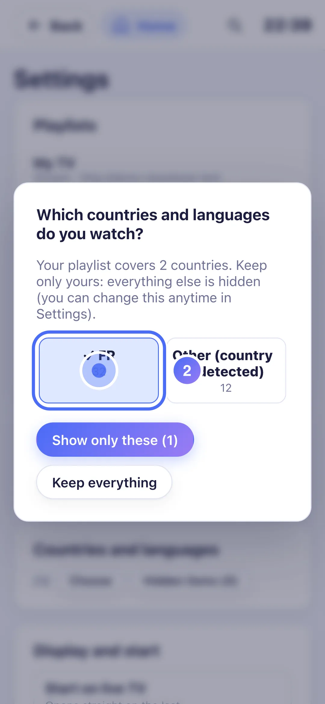 The “Which countries and languages do you watch?” window with a country selected