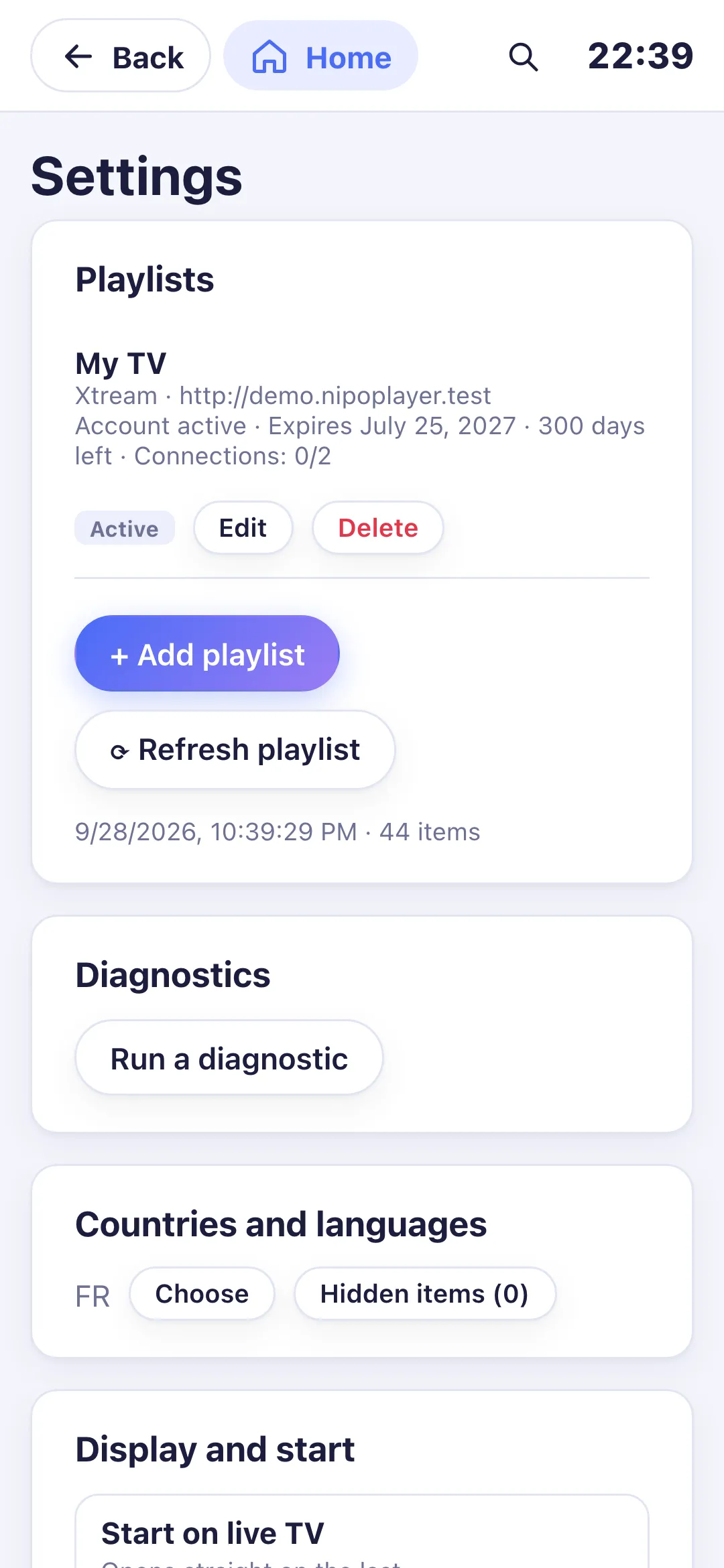 Settings after choosing the countries