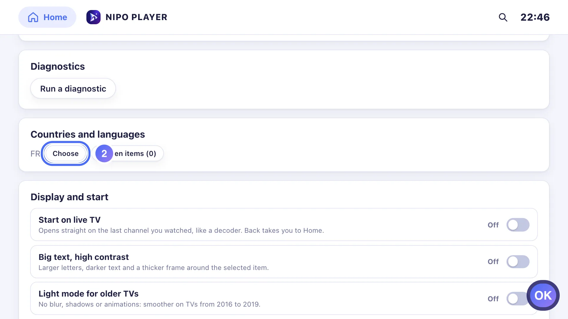 Settings, Countries and languages group with the Choose button selected