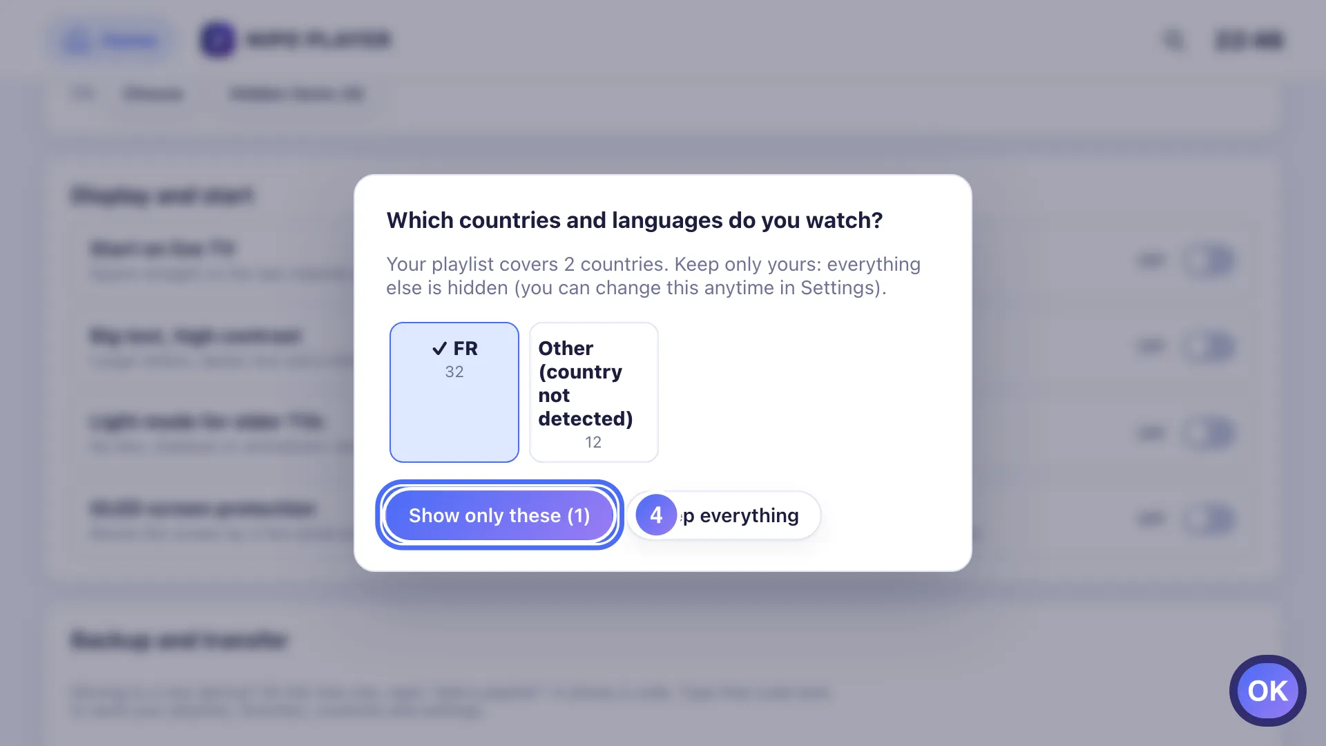 Countries and languages window, the Show only these button is selected