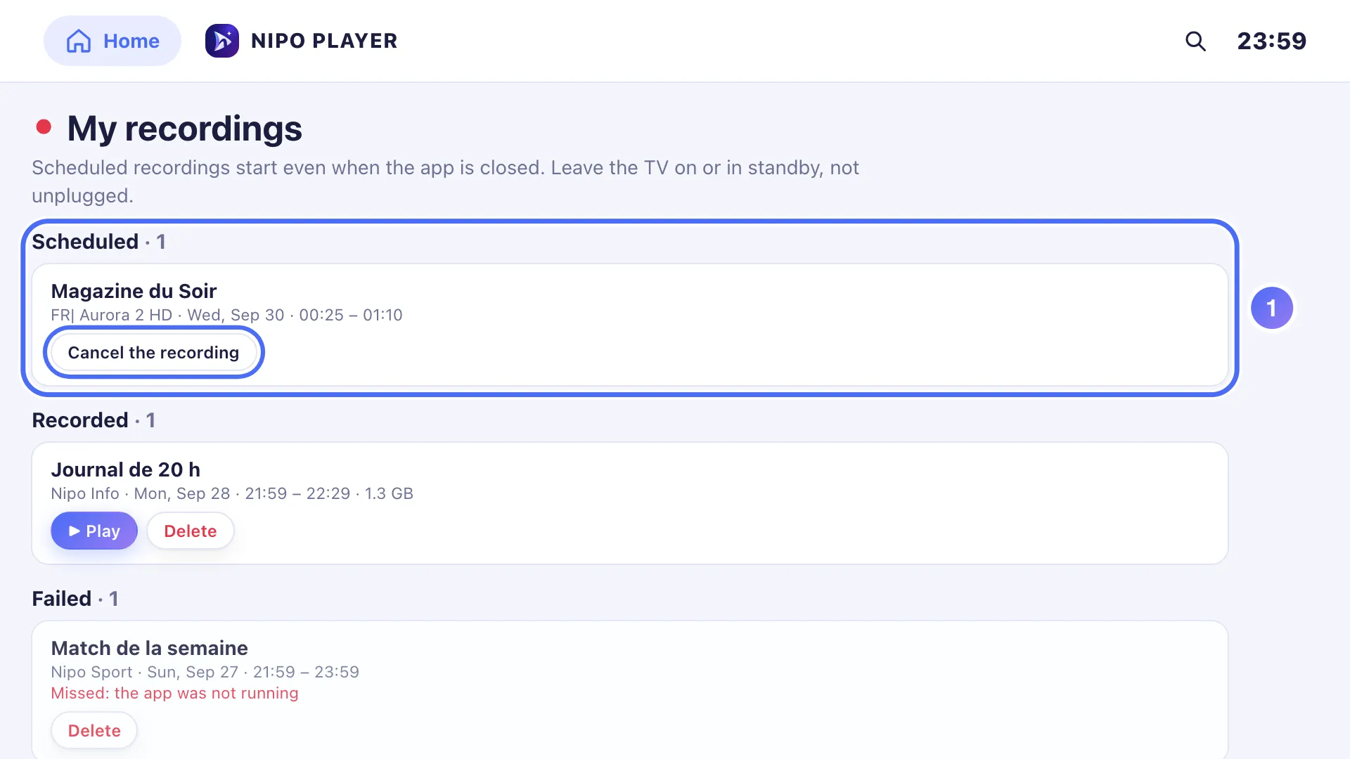 My recordings, grouped by status