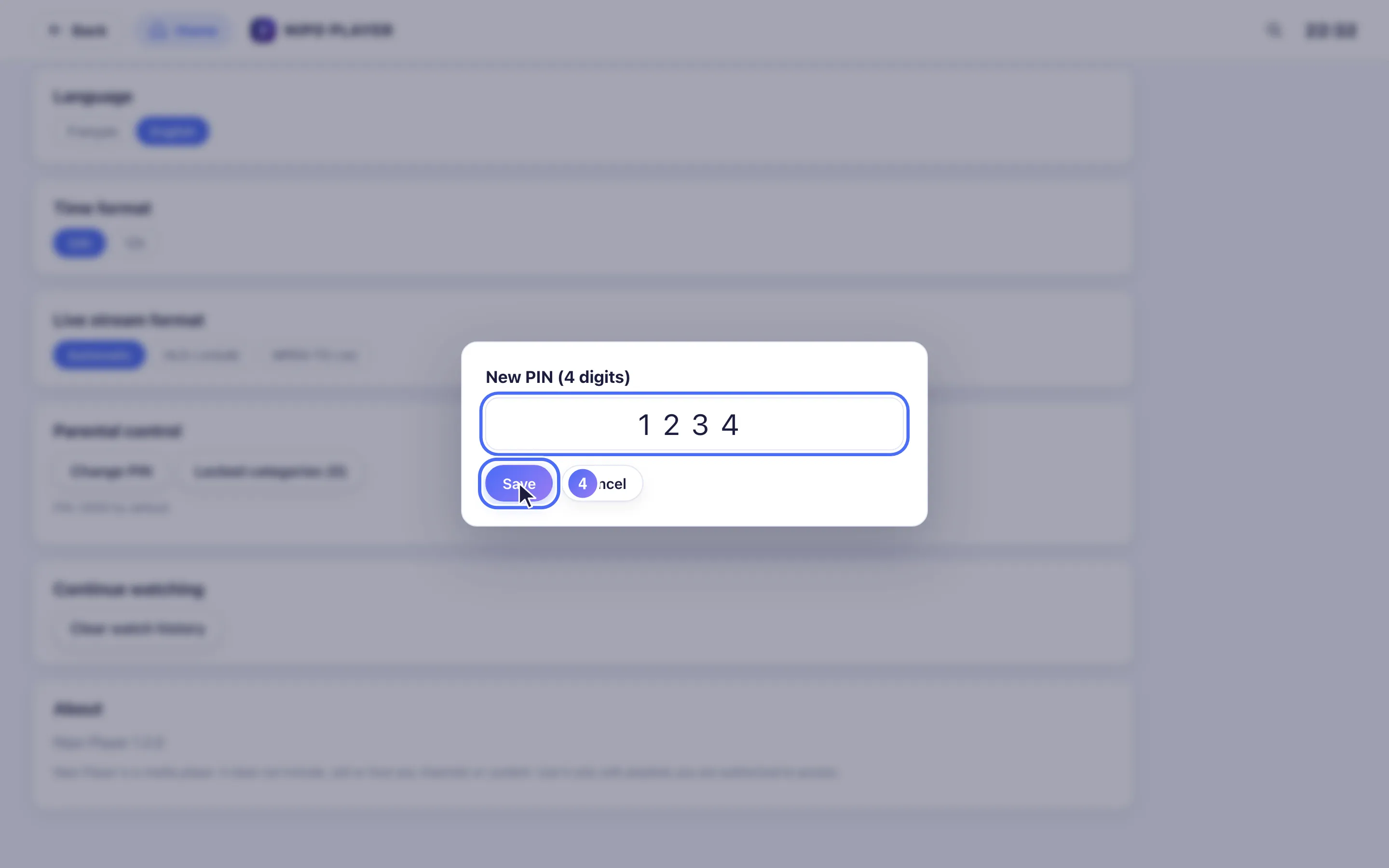 The new PIN window, with 4 digits entered