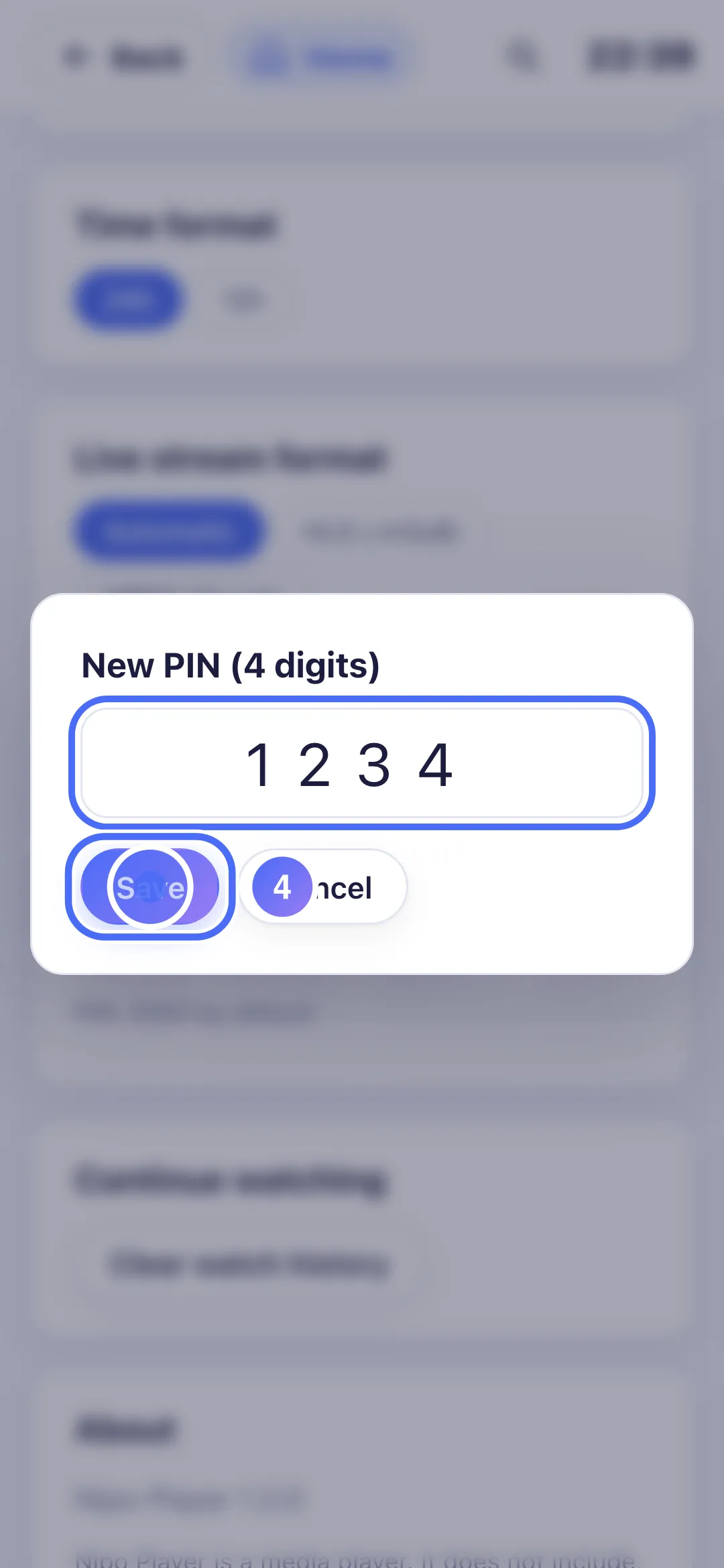 The new PIN window, with 4 digits entered