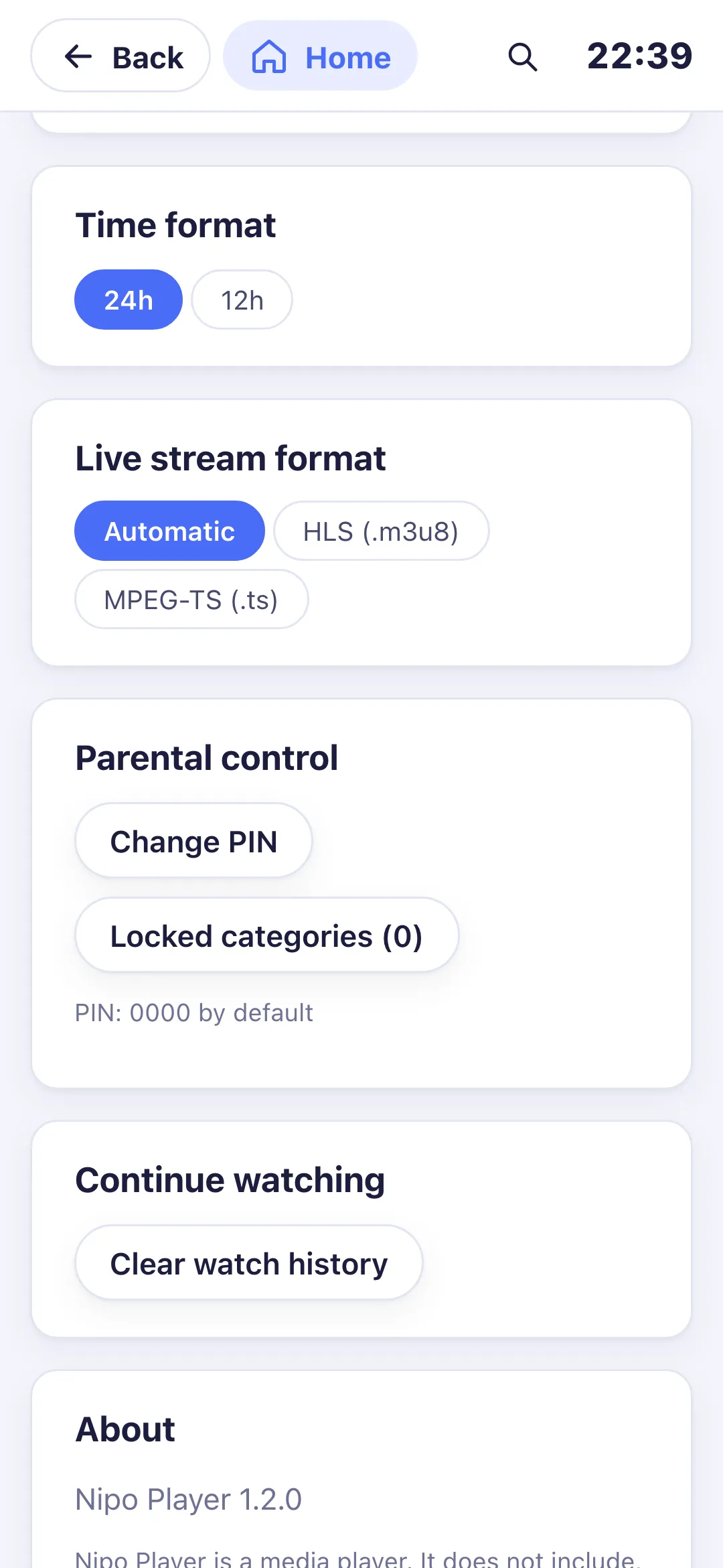 Settings after changing the PIN
