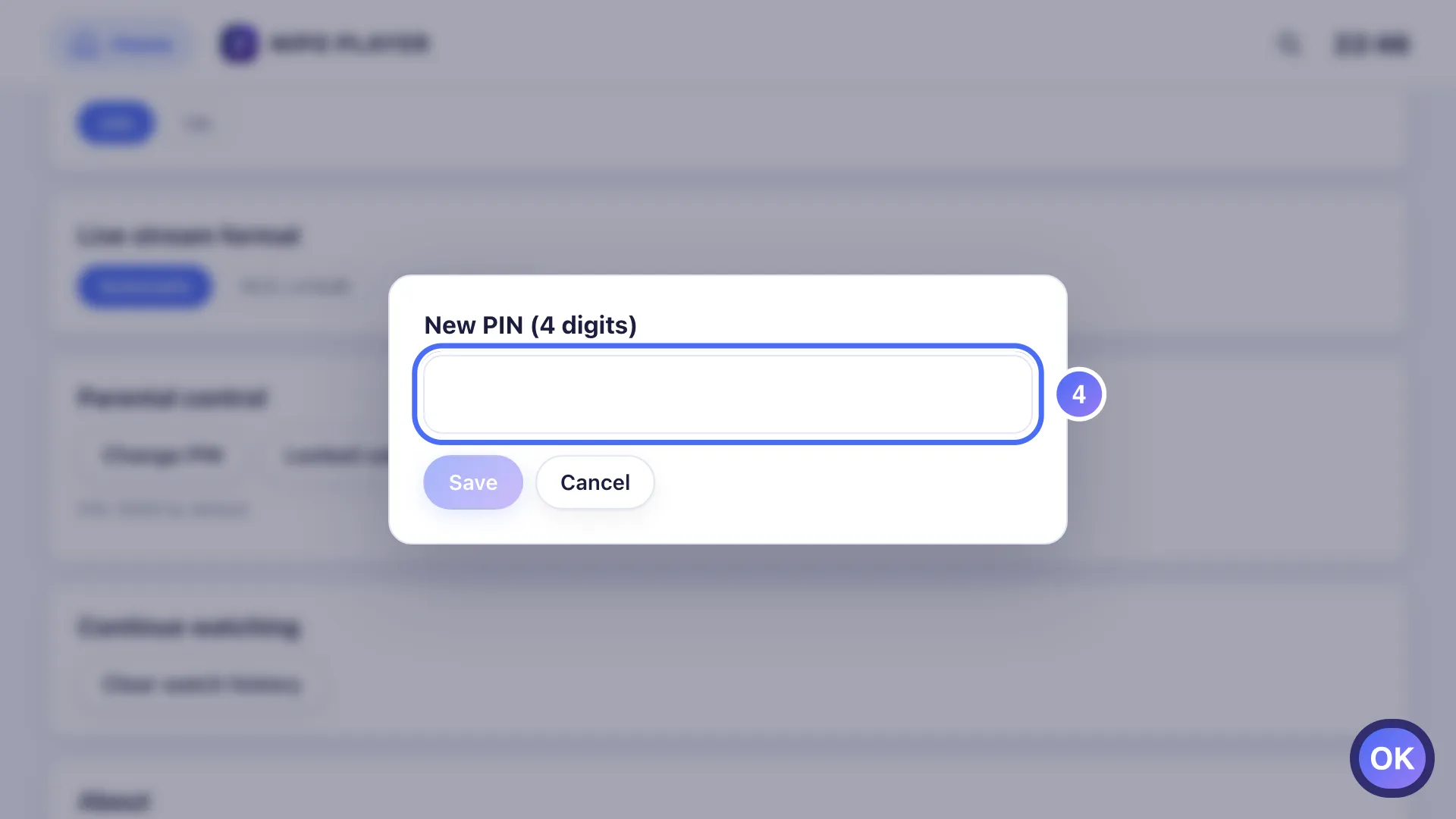 New PIN window, the field is selected