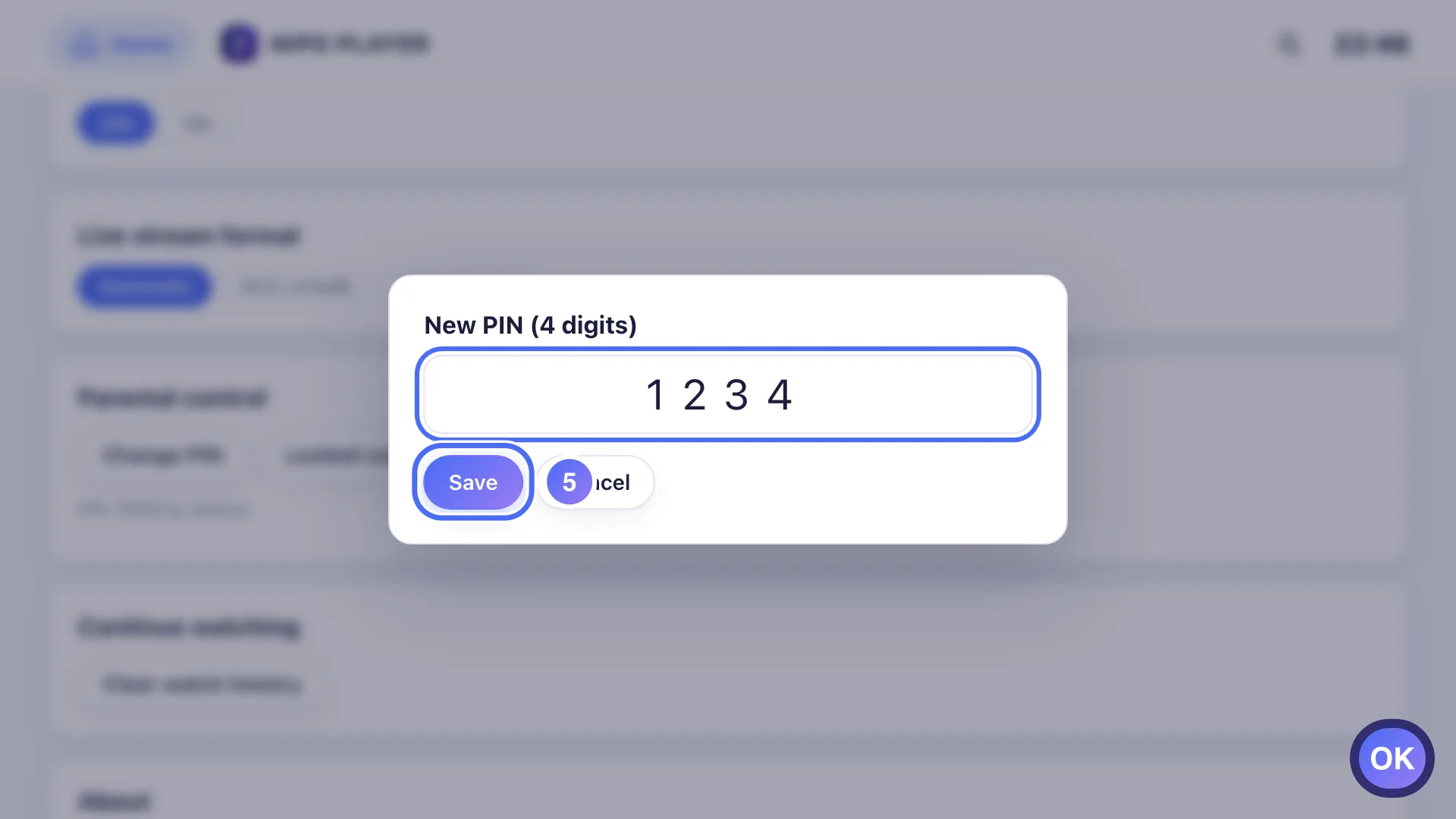 New PIN window, the Save button is selected