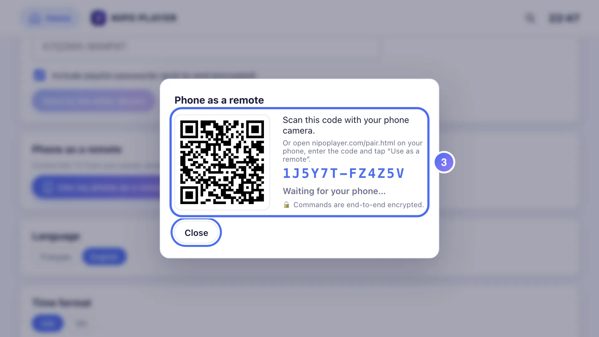 QR code and code to type, waiting for the phone