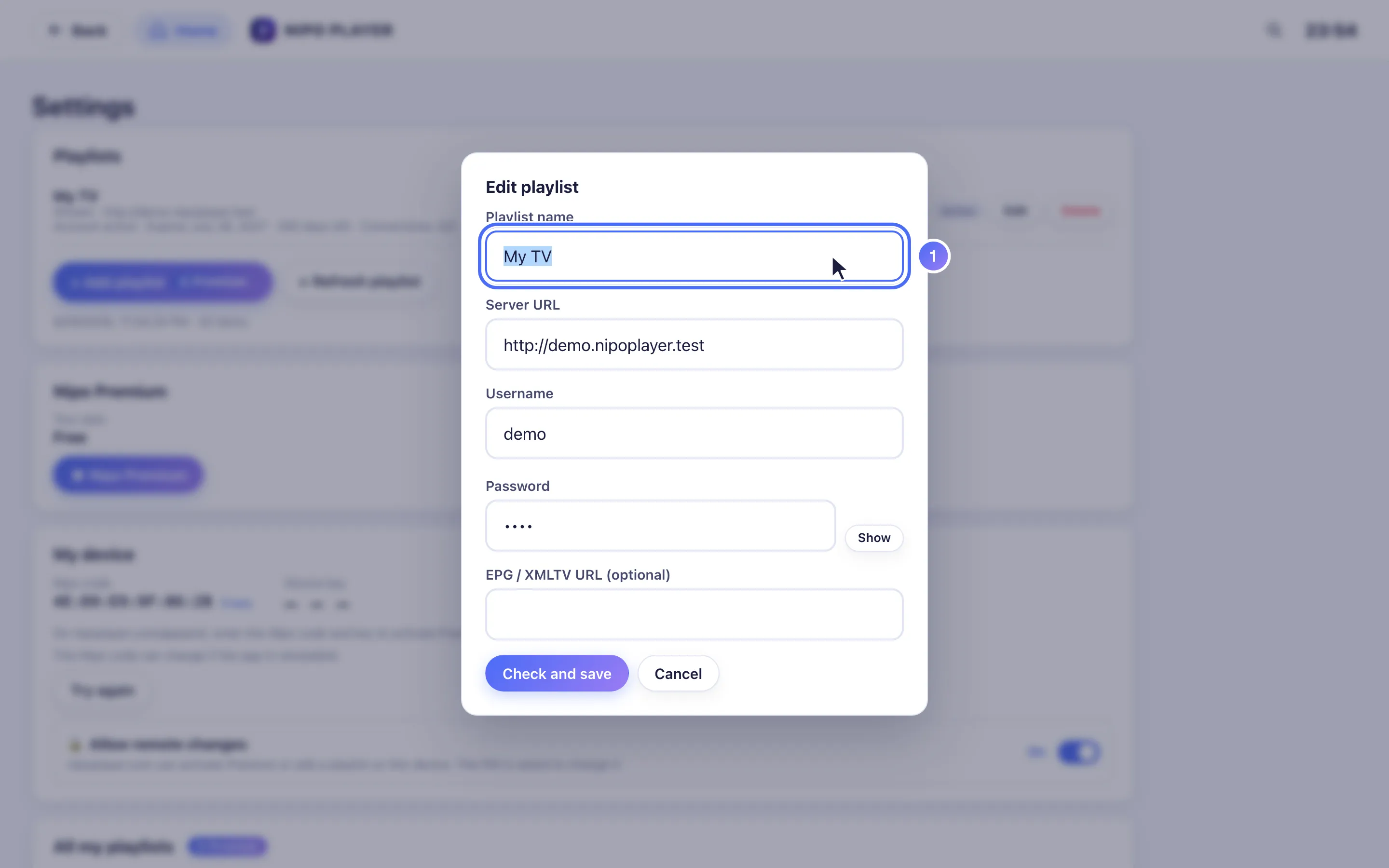 Connection form, the server address selected in the field