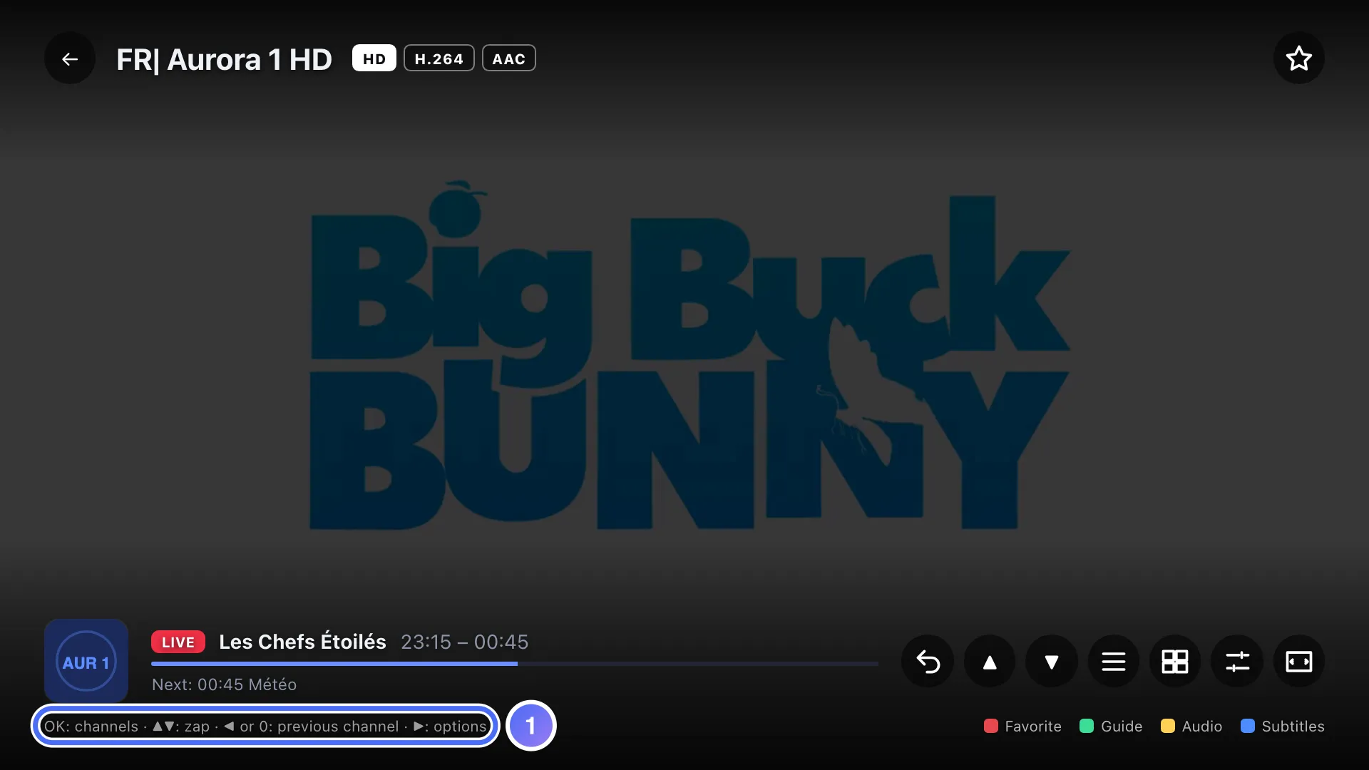 Live player, the colour-key reminder at the bottom of the screen