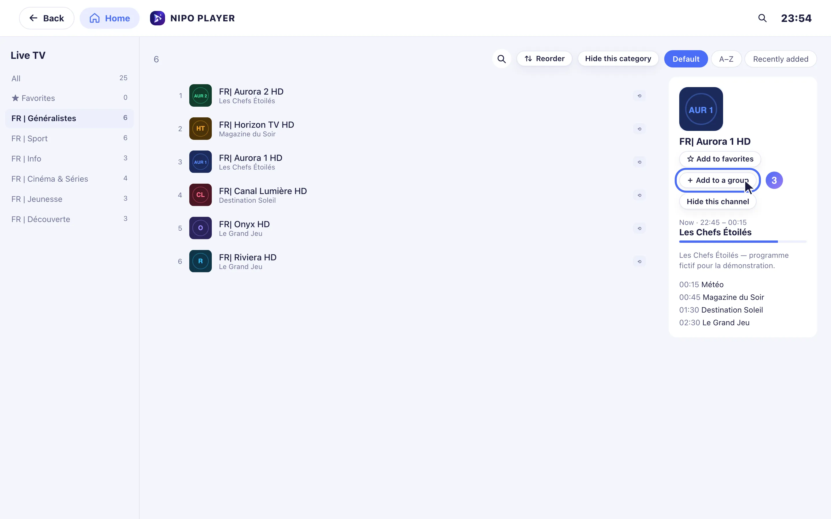 Channel list, the Add to a group button