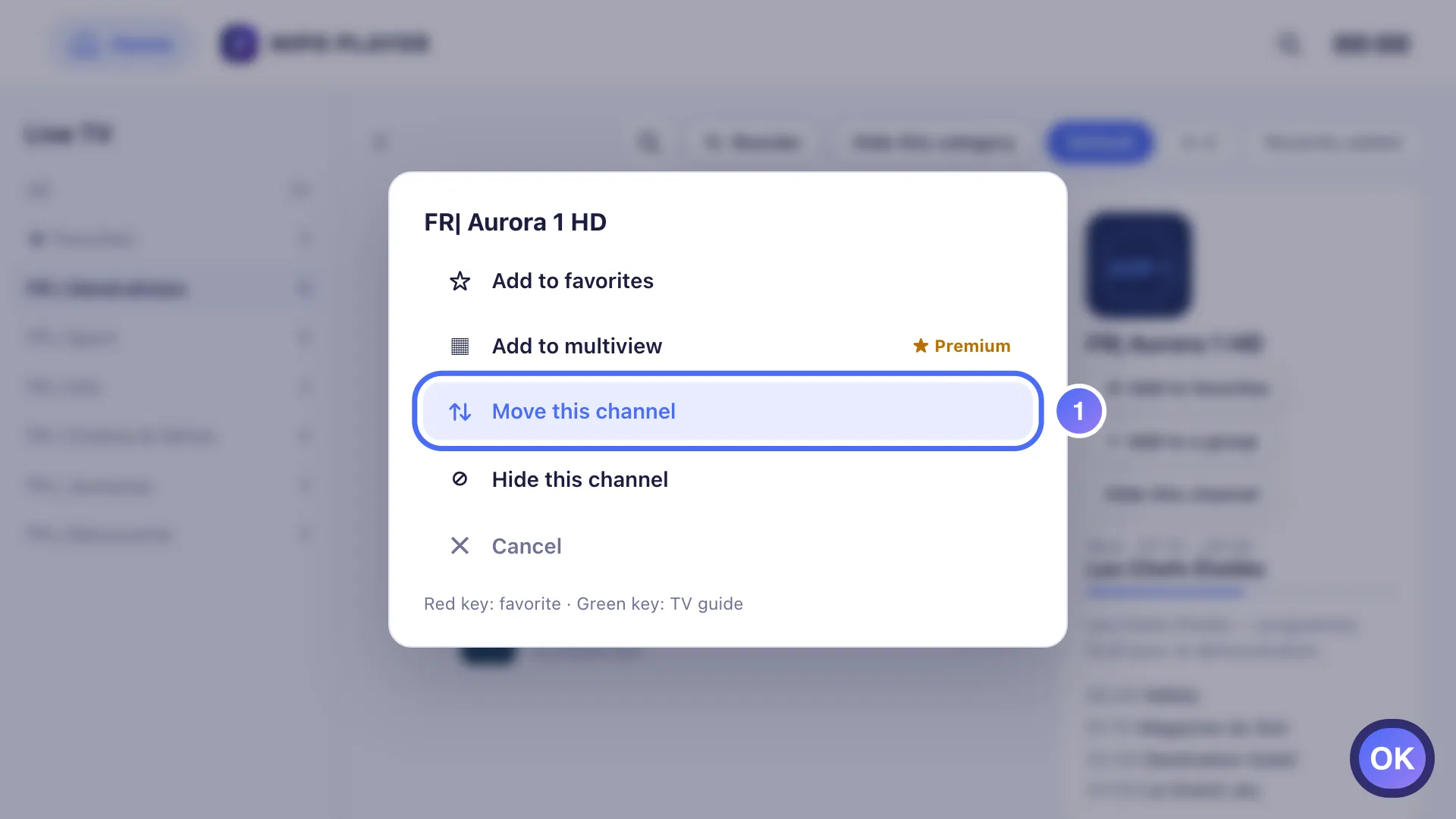 Quick menu on a channel, Move this channel is selected