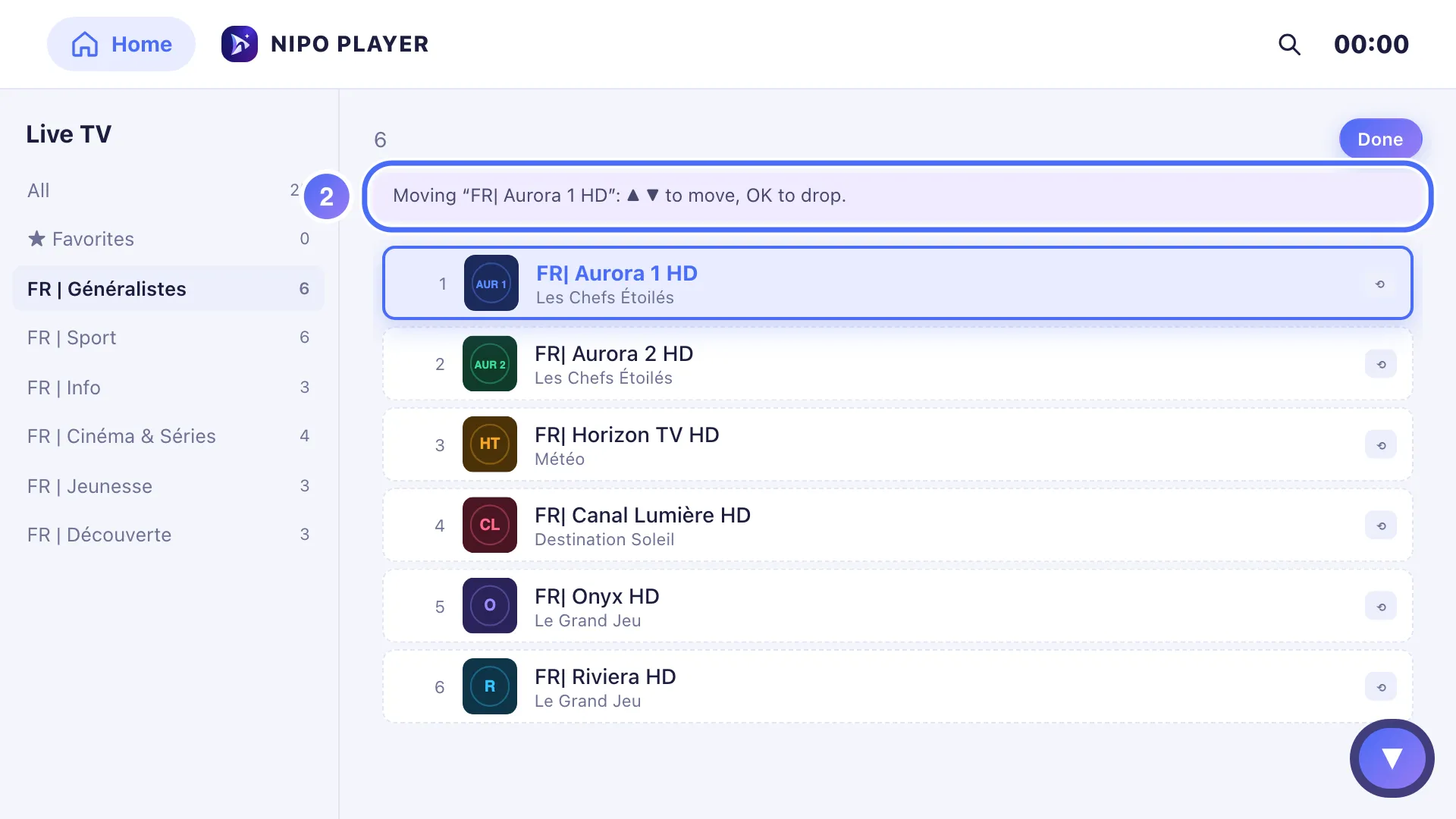 Channel list in move mode, the channel is picked up