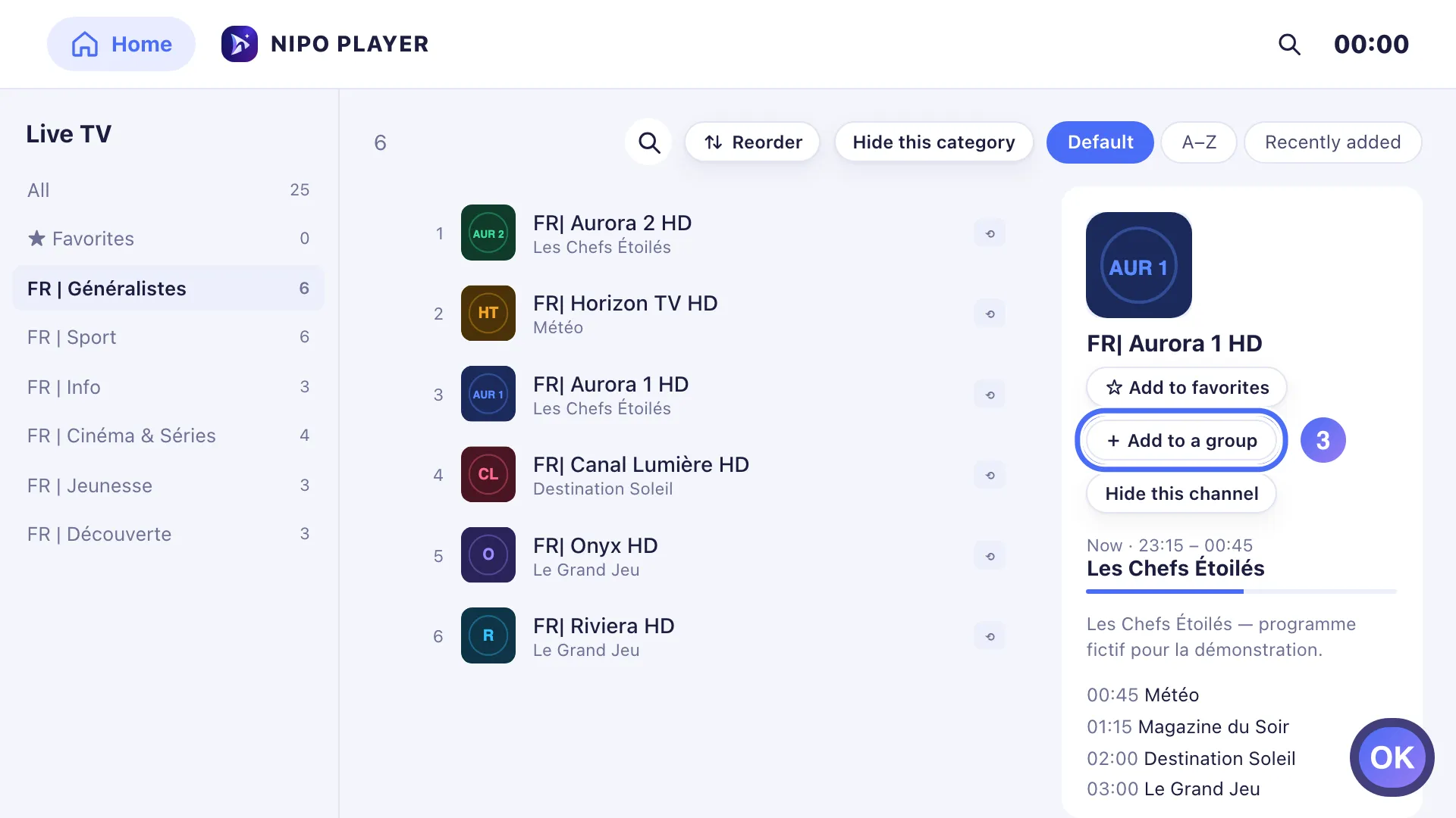 Channel list, the Add to a group button is selected