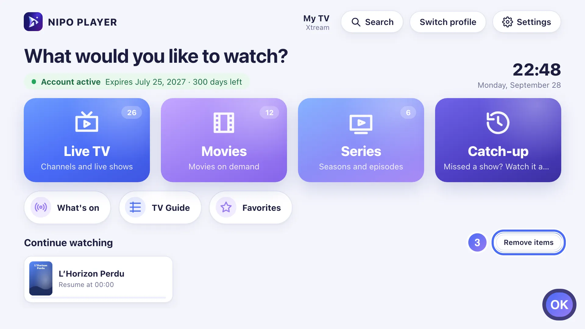 Continue watching row, the Remove items button is selected