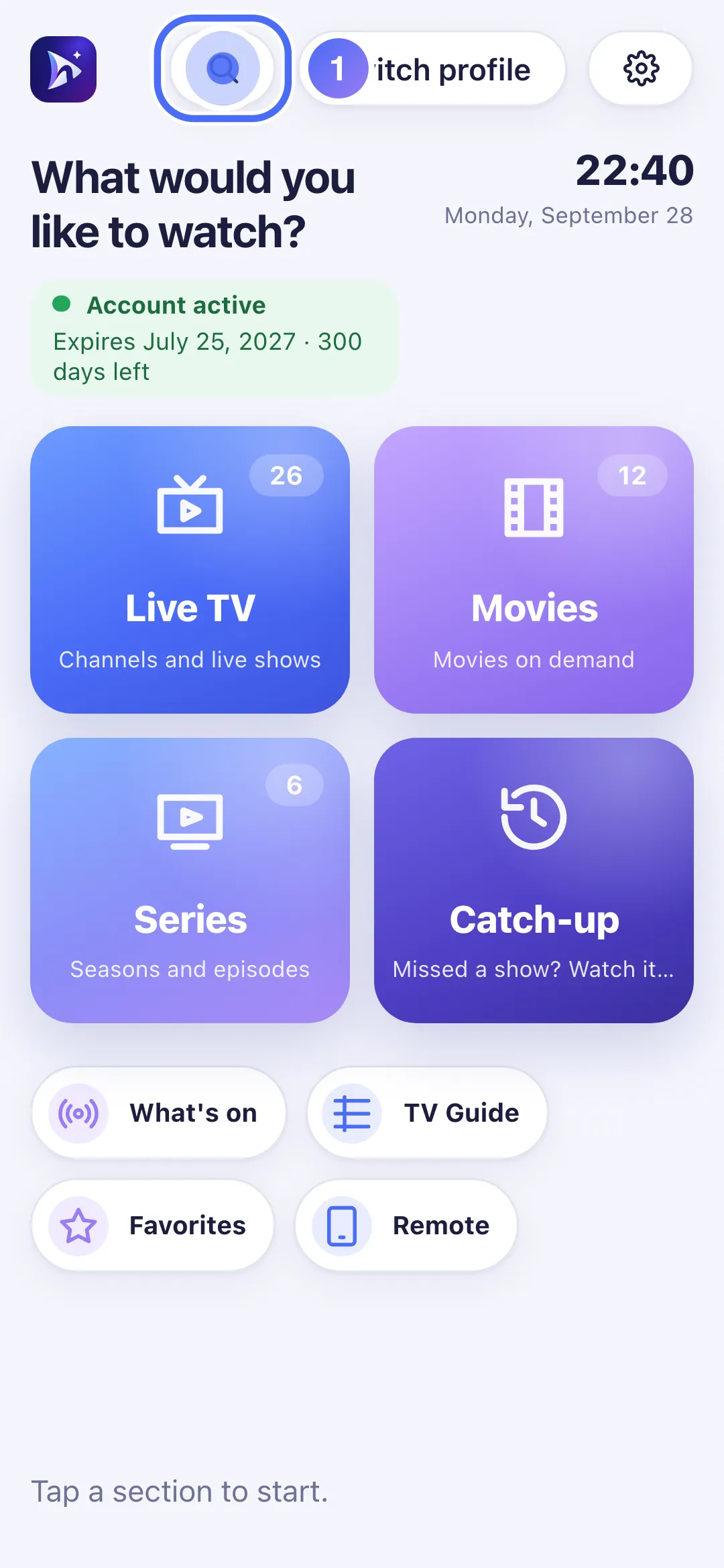 Nipo Player Home with the Search icon