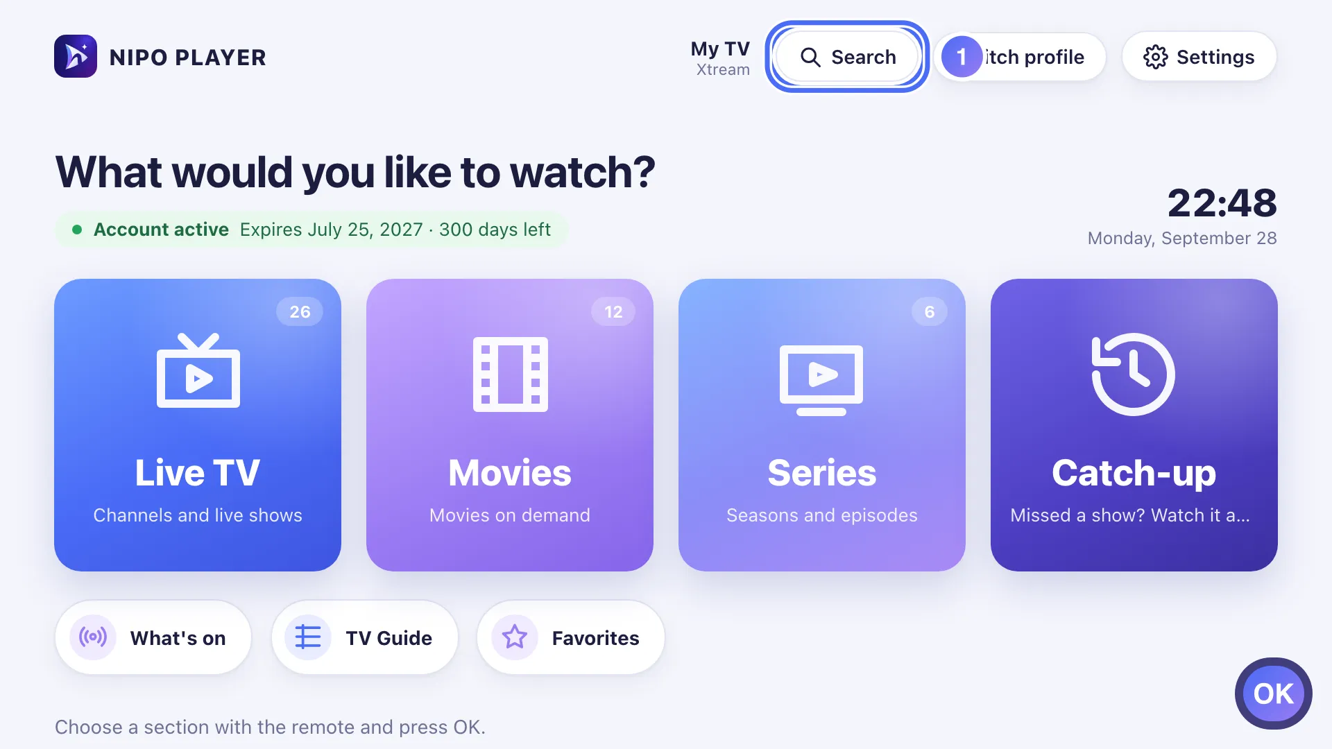 Nipo Player Home, the Search button is selected