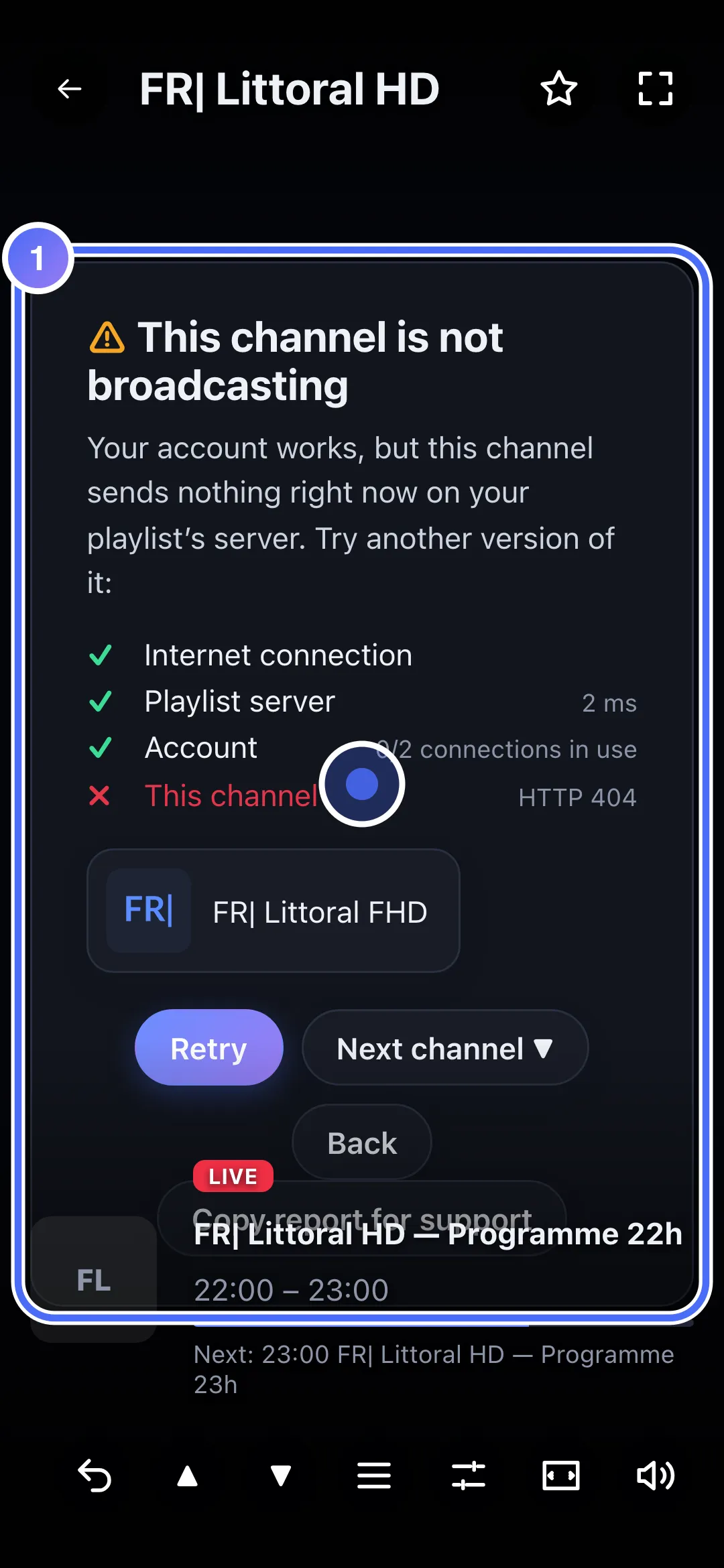 Diagnosis panel shown after a playback problem