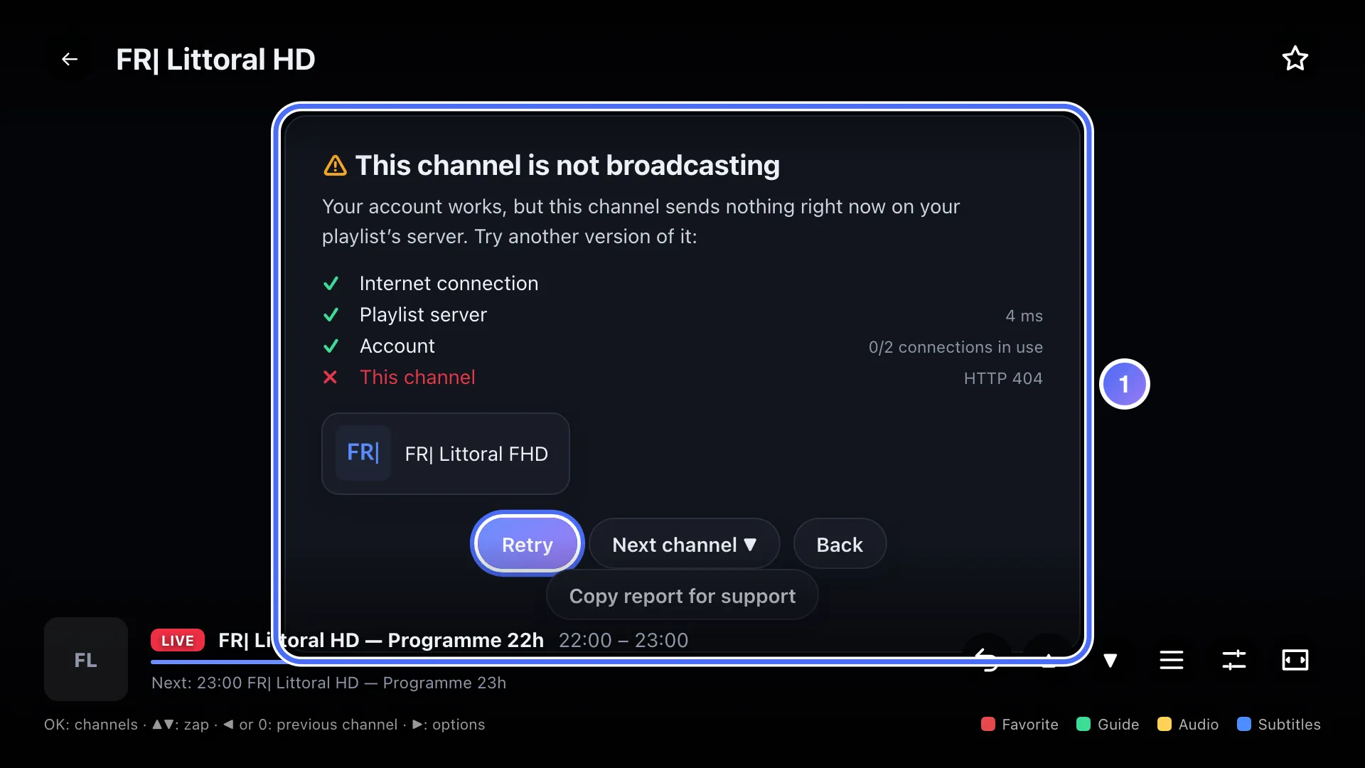 Diagnosis panel shown after a playback problem