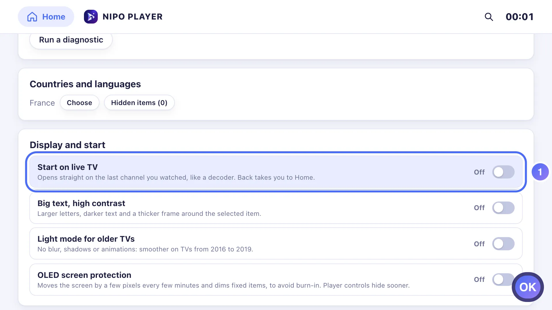 Settings, Display and start, the Start on live TV setting