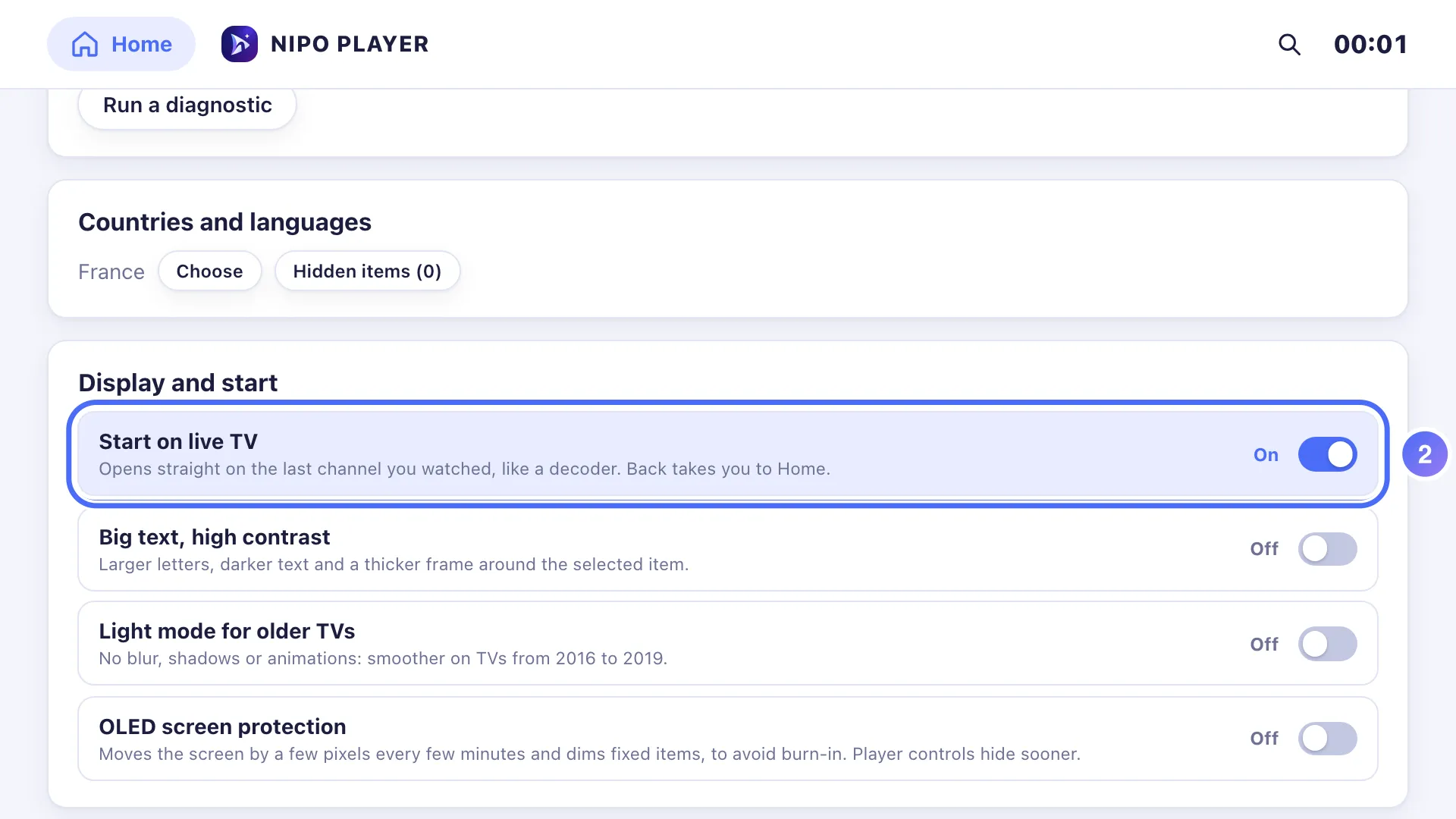 Settings, the Start on live TV setting turned on