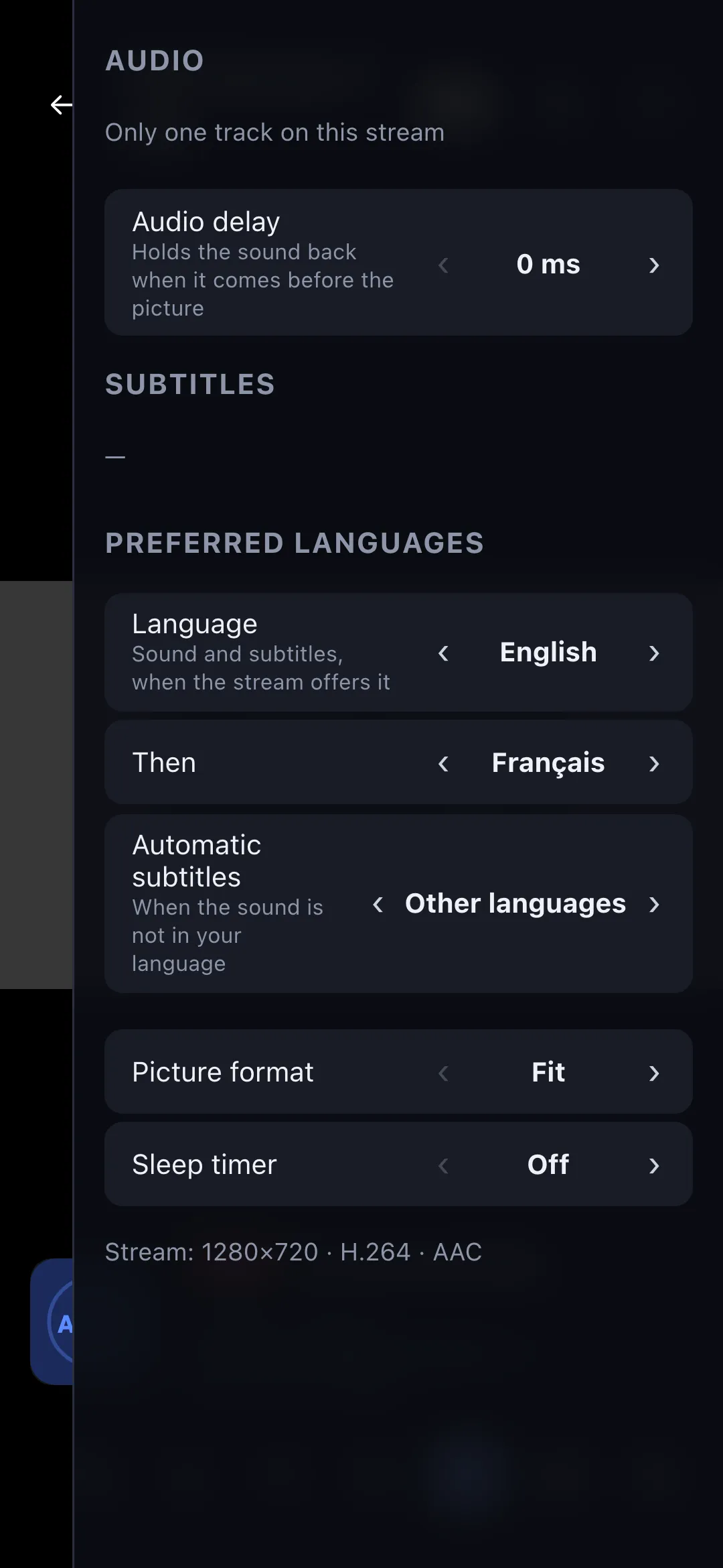 The Audio, subtitles & format panel open