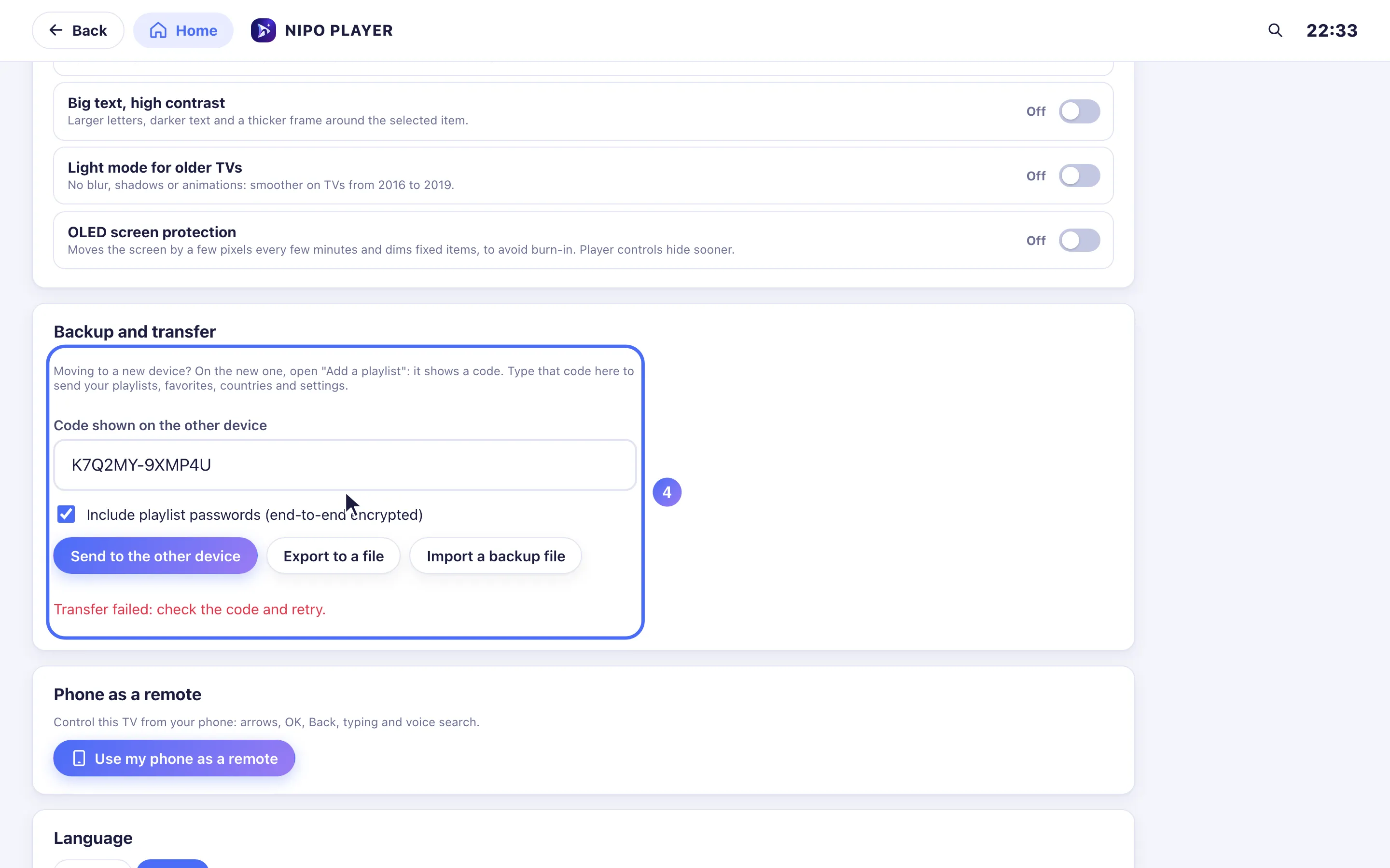 The Export and Import buttons in the Backup and transfer card