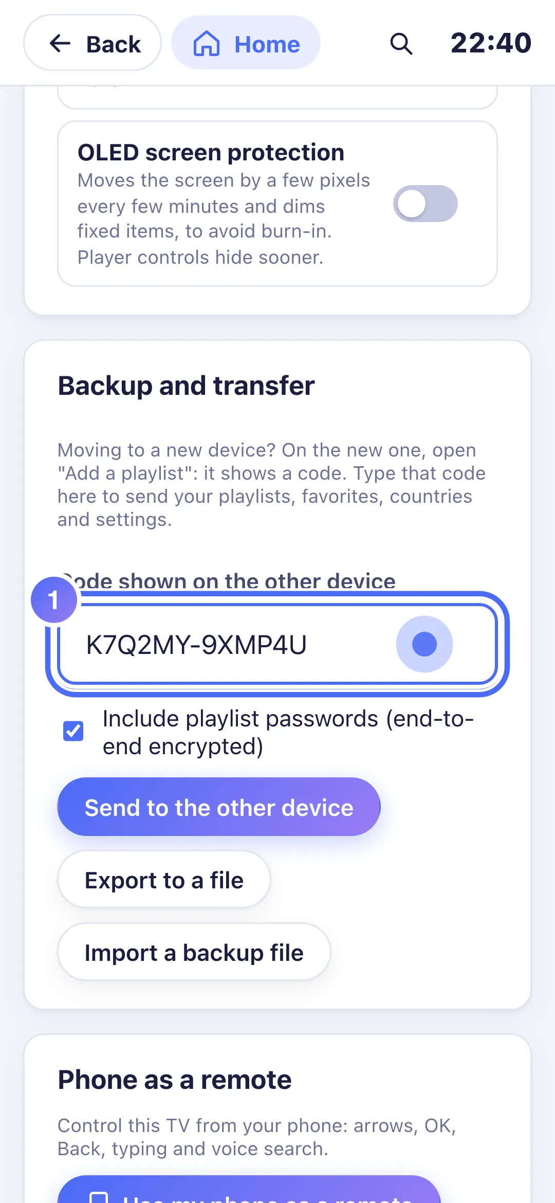 The Backup and transfer card with a code entered