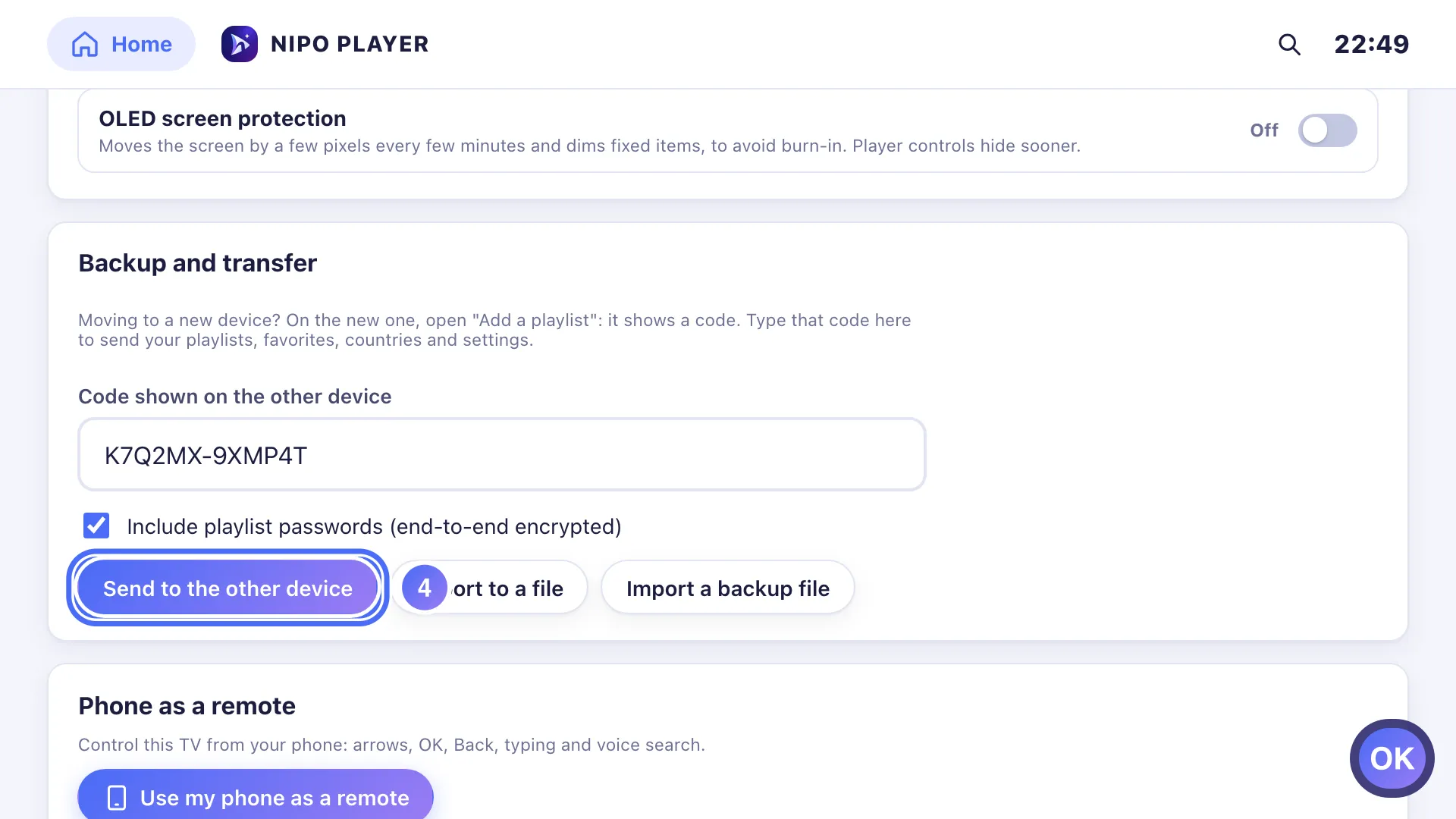 Settings, the Send to the other device button is selected